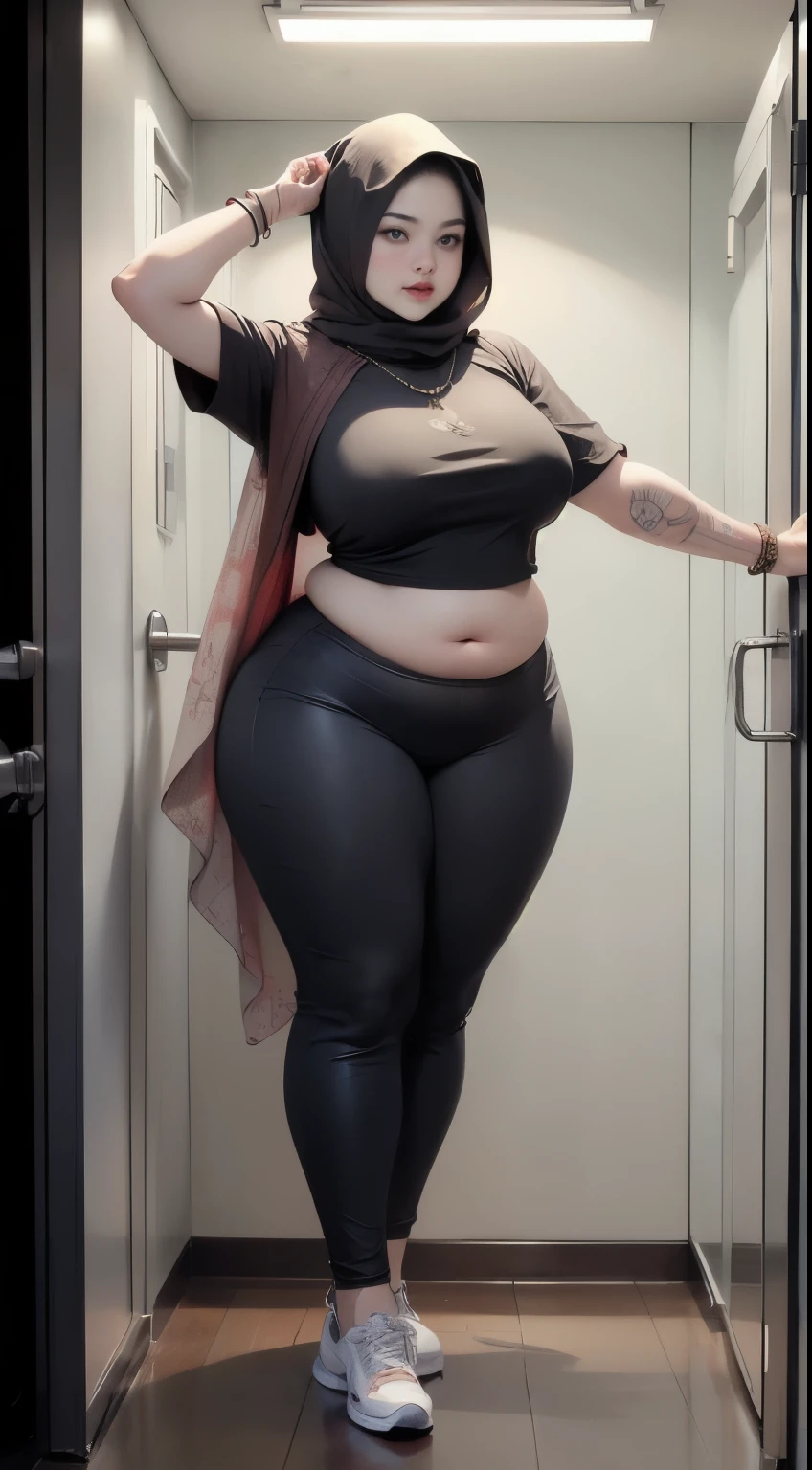 A Malay woman "41-year-old" who is (hijab:1.3), full naked, (breasts:1.2), hands breasts, happy on toilet school, spying, voyeur, (wide view:1.8), (top view:-1.9)