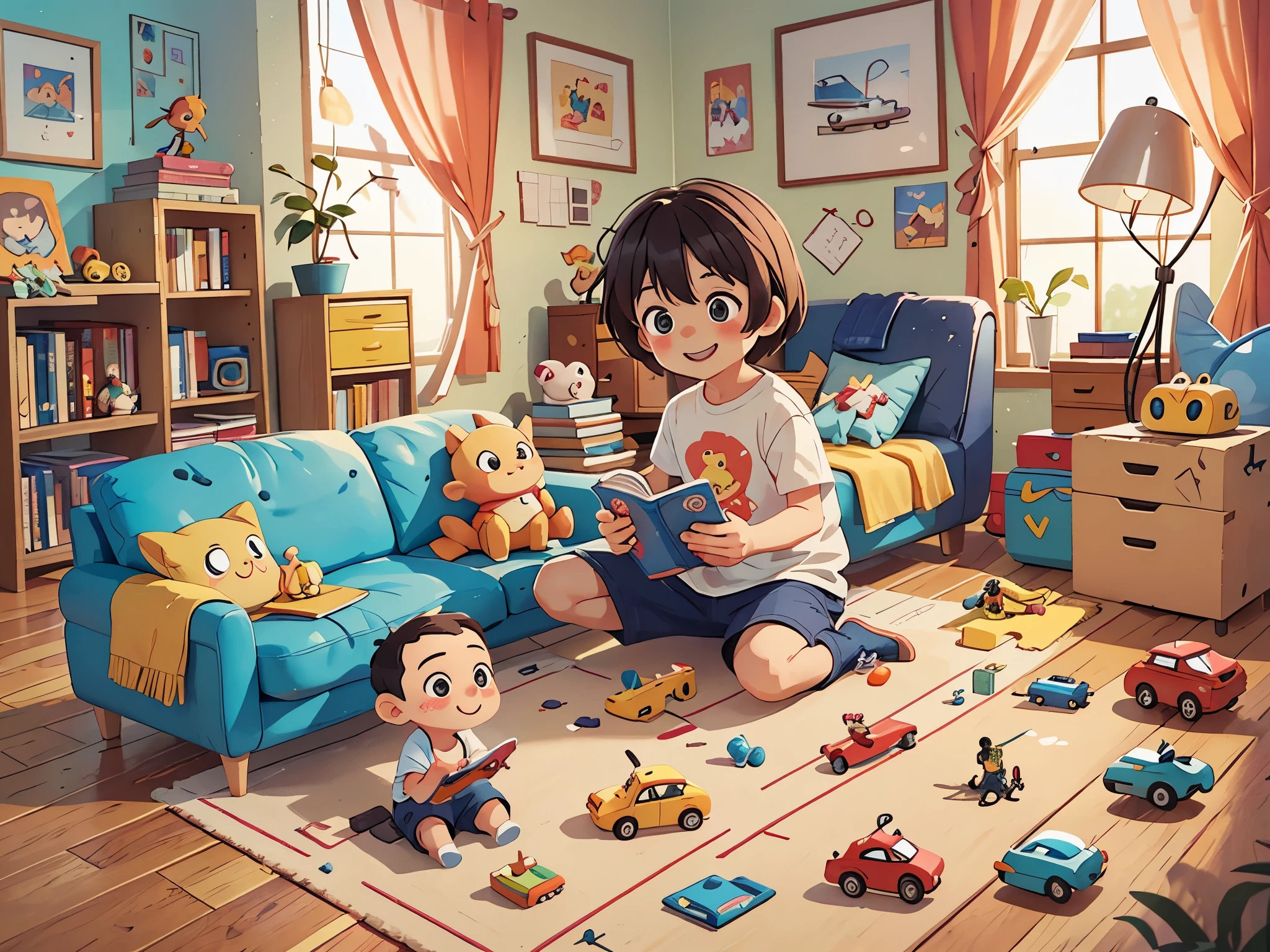 可爱的little boy在玩玩具,Toys are messy all over the floor,Mother,little boy,Put away toys,Airplane toys,car toys,various toys,living room,floor,Smile,Pixar style, best quality, stills,