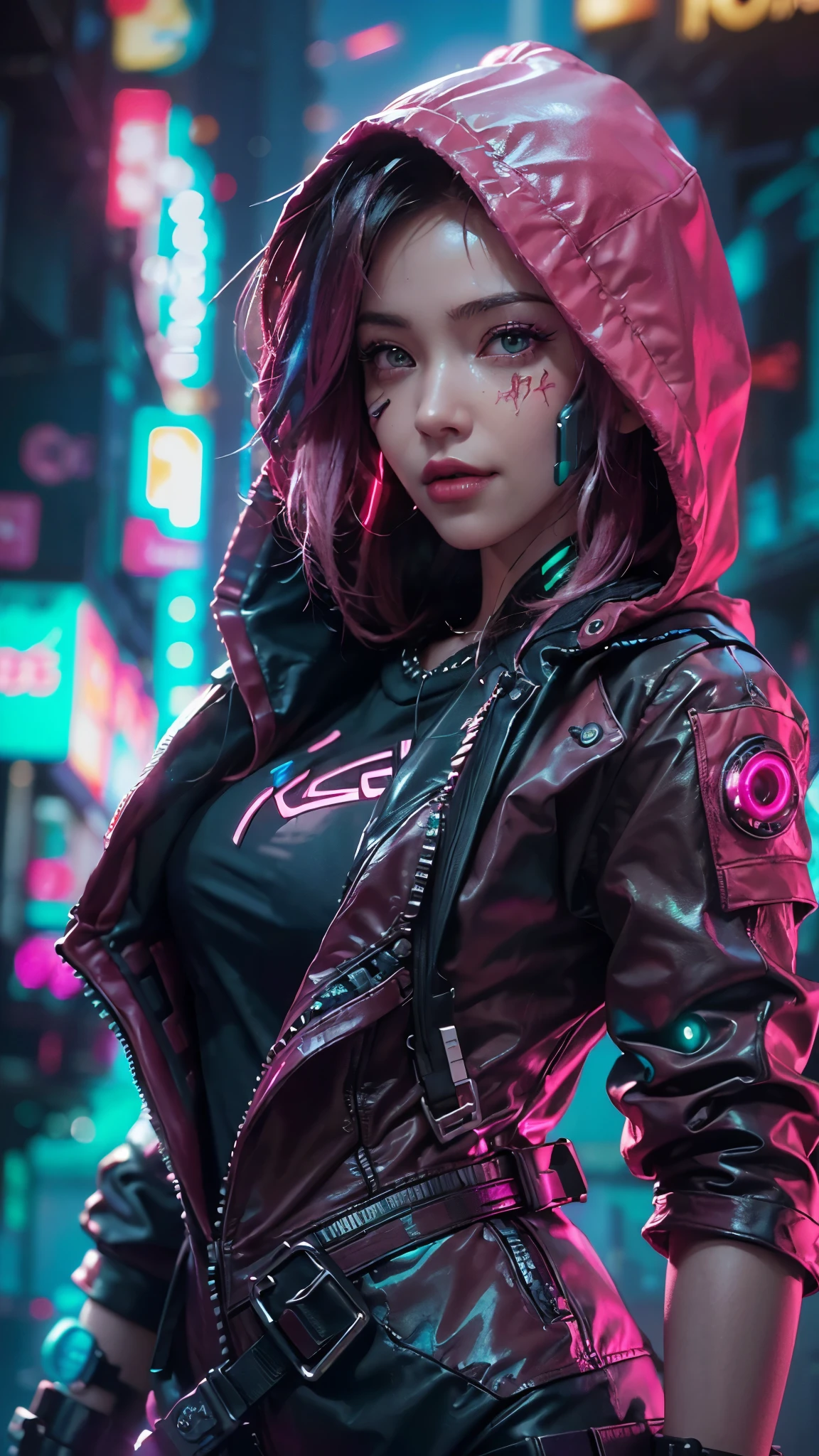 (Top image quality), (8K picture quality),(master piece), (very detailed image textures), (cyber punk perssonage),(beautiful effects), (vibrant colors), (detailed face),(detailed hair), (detailed eyes), (skin textures), (cyberpunk cityscape:1.4), (cyberpunk city landscape:1.5),vivid colors, cinematic lights, cinema shadows, sharp image, bright sprites, (pink neon lights:1.5),flashing red, lightparticle effects, 1 female, 28 years old, (beautiful:1.4), brunette hair,(dark hair:1.3+pink hair:1.2), (cyberpunk style, shiny cyberpunk hood on military uniform:1.5), (confident smile:1.2), (photo from bottom up),