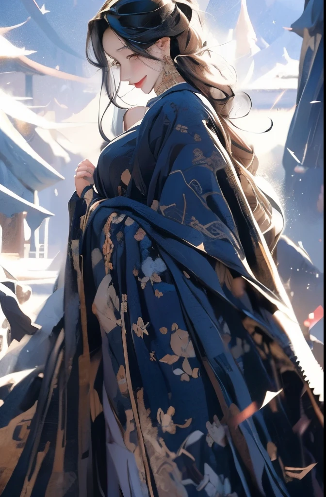 Black hair that reaches the waist，Heavy fabric clothing，flat chest，Smile，Mountains in the background