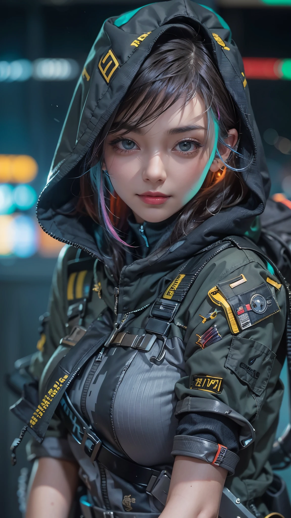 (highest quality), 8K quality, very detailed image textures, beautiful effects, vibrant colors, detailed hair, detailed eyes, skin textures, cyberpunk cityscape, cinematic lights, cinema shadows, sharp image, bright sprites, particle effects, 1 female, 28 years old, beautiful, brunette hair, cyberpunk style, shiny cyberpunk hood on military uniform, confident smile, photo from waist up, large breasts
