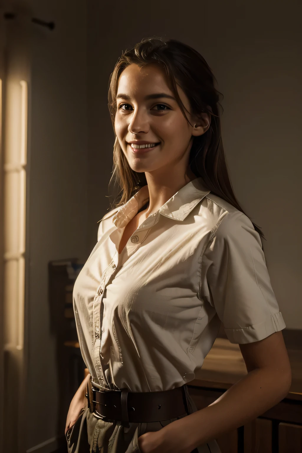 best quality, masterpiece, (photorealistic:1.4), 1girl, light smile, shirt with collars, waist up, dramatic lighting, from below, sex