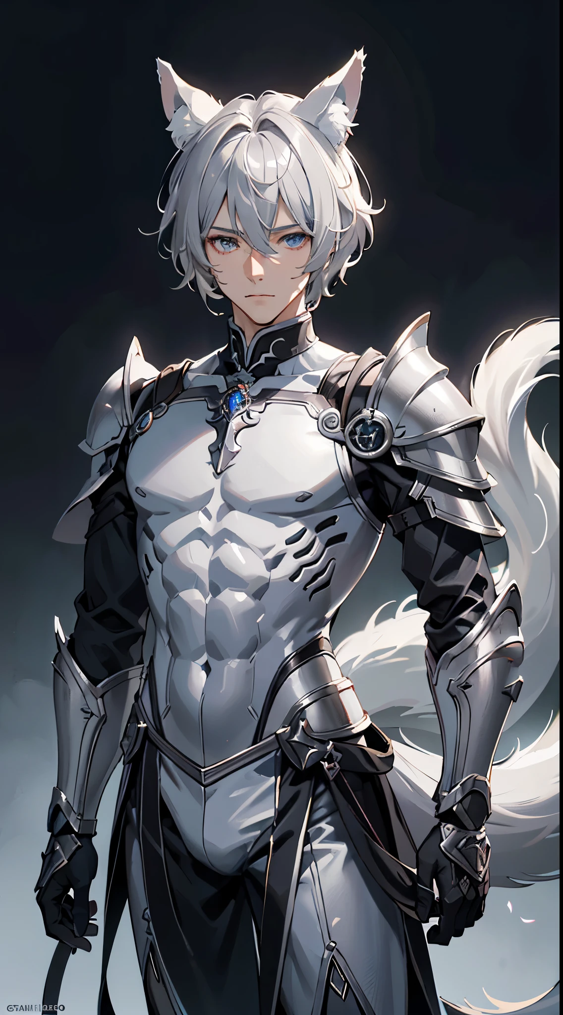 tmasterpiece,best qualityer,gorou(the original god),younge boy,1boy,malefocus,Animal ear,独奏,O cabelo multicolorido,brown hair,Dog boy,White hair,nipple tassels,dog ears,armour,Striped hair,By bangs,pix(greybackground:1.4),(kbxll:0.6) --auto