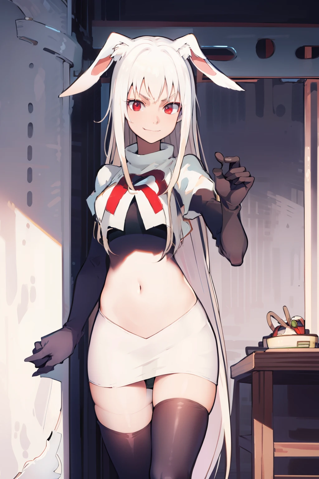 best quality, masterpiece, detailed, fantasy,
tyuule,
closed mouth, smirk,
white hair, very long hair, rabbit ears, red eyes, rabbit tail,
navel, team rocket,team rocket uniform, red letter R, white skirt,white crop top,black thigh-highs,black elbow gloves
looking at the viewer,