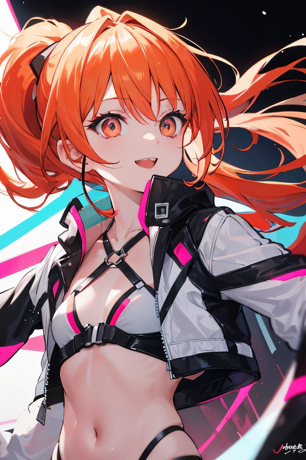 Draw a manga-style character with a physical appearance with this form of the hair Orange with black highlights, tied into two ponytails shaped like jaws, similar to Mawile from Pokémon, Pink color eyes, bright, and expressive and Build Slim and athletic, Attire Upper Body White leather jacket with cyberpunk details, such as integrated LED lights or futuristic lines, Lower Body Sporty bikini in orange, white, and black colors, blending with the cyberpunk style while allowing  of movement for physical activities, Personality Creative and curious Always seeking new experiences and forms of expression, Her creative mind drives her to constantly explore new ideas and concepts,glow bikini suggestive, white skin girl,smile coquettsmall , ojos coplor rosa