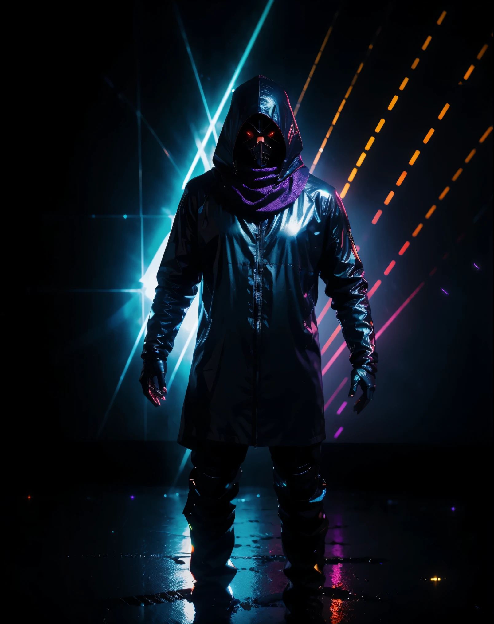 realistic, shiny, reflective, bioluminic, galactic cybernetic mask, mecha, (assassin:1.2), (scarf,long cloak), sh4g0d, GlowingRunes_red, full body, cinematic, dark background, backlight, high contrast.