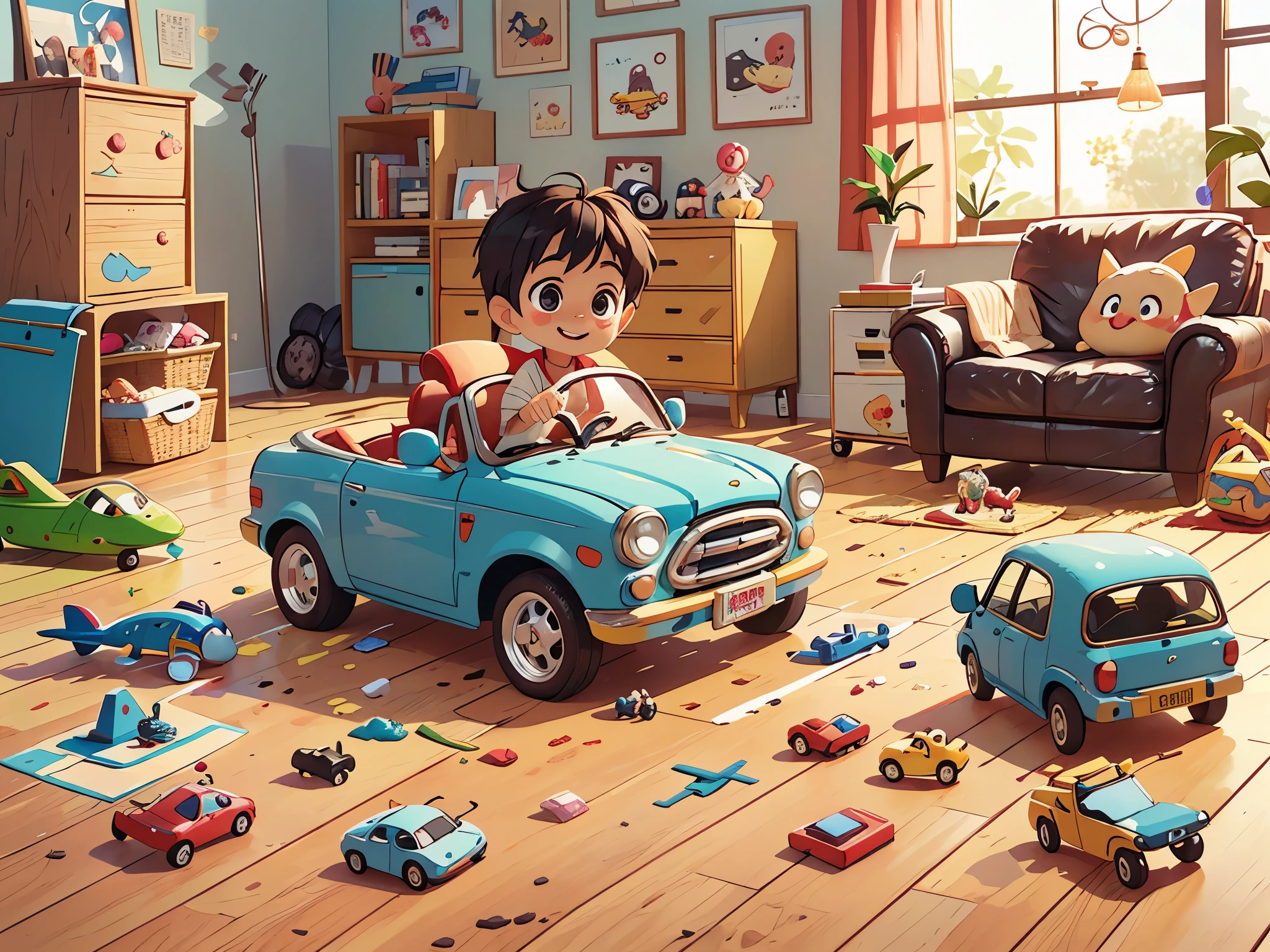 可爱的 boy在玩玩具,Toys are messy all over the floor,Mother,littleut away toys,Airplane toys,car toys,various toys,living room,floor,Smile,Pixar style, best quality, stills,