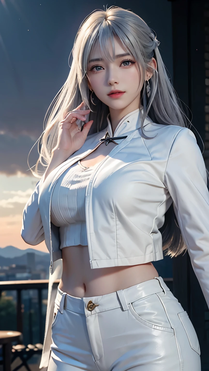 girl with big breast and long gray hair in a white top, , thicc, oppai, shikamimi, breasts covered and sfw, fluffy chest, sie boob, big breasts!, (sfw) safe for work, big breasts!!, biomechanical oppai,  in dress, revealing clothes, kantai collection style