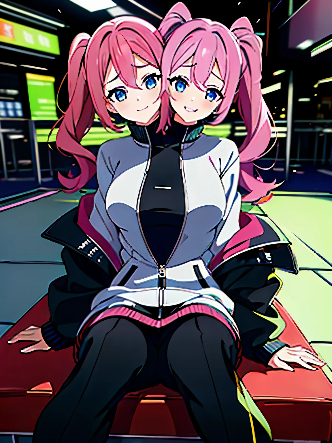 (masterpiece),(ultra-detailed), (high quality), (high resolution), (best quality:1.5, highres, UHD), highres, absurdo, ultra detail, ultra quality, Ultra resolution, 16k, ((2heads:1.5)), 1girl, anime girl with two heads


(blue eyes) giggling, friendly, inviting, cube hair ornament, hair between eyes, hair ornament, one side up, long black skirt, (white jacket), long sleeves, pants, black pants, pleated skirt, skirt, track jacket, track pants, track suit, ((magenta hair color))