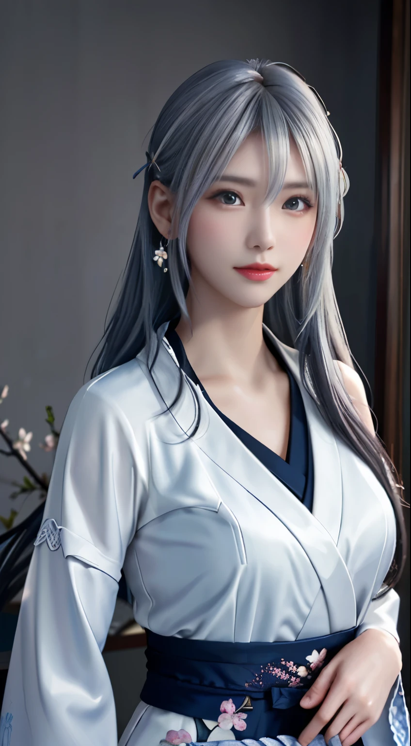 (logo, masterpiece, 8k, table top, RAW photo, wonderful, 最high quality, Photorealistic and hvery detailed CG integrated 8k wallpaper, high quality, very detailed, Narrative poem, particle effects, dynamic effects, Depth of written boundary, cinematic light, Lens flare, ray tracing, anatomically accurate)), fantasy, 1 beautiful woman, silver hair, clear eyes, long silver hair, beautiful face, real face, 緻密でbeautiful eyes, beautiful skin, 長い髪がWindでなびく, long hair bounces, 長い髪がWindで踊る, hair jump, jewelry, beautiful eyes, white kimono, Japan Dresses, white cherry blossom pattern, White cherry blossom embroidery pattern, silver earrings, Wind, blue sky, beautiful background, 古代のWind, Xianxia, Auspicious cloud, Hanfu