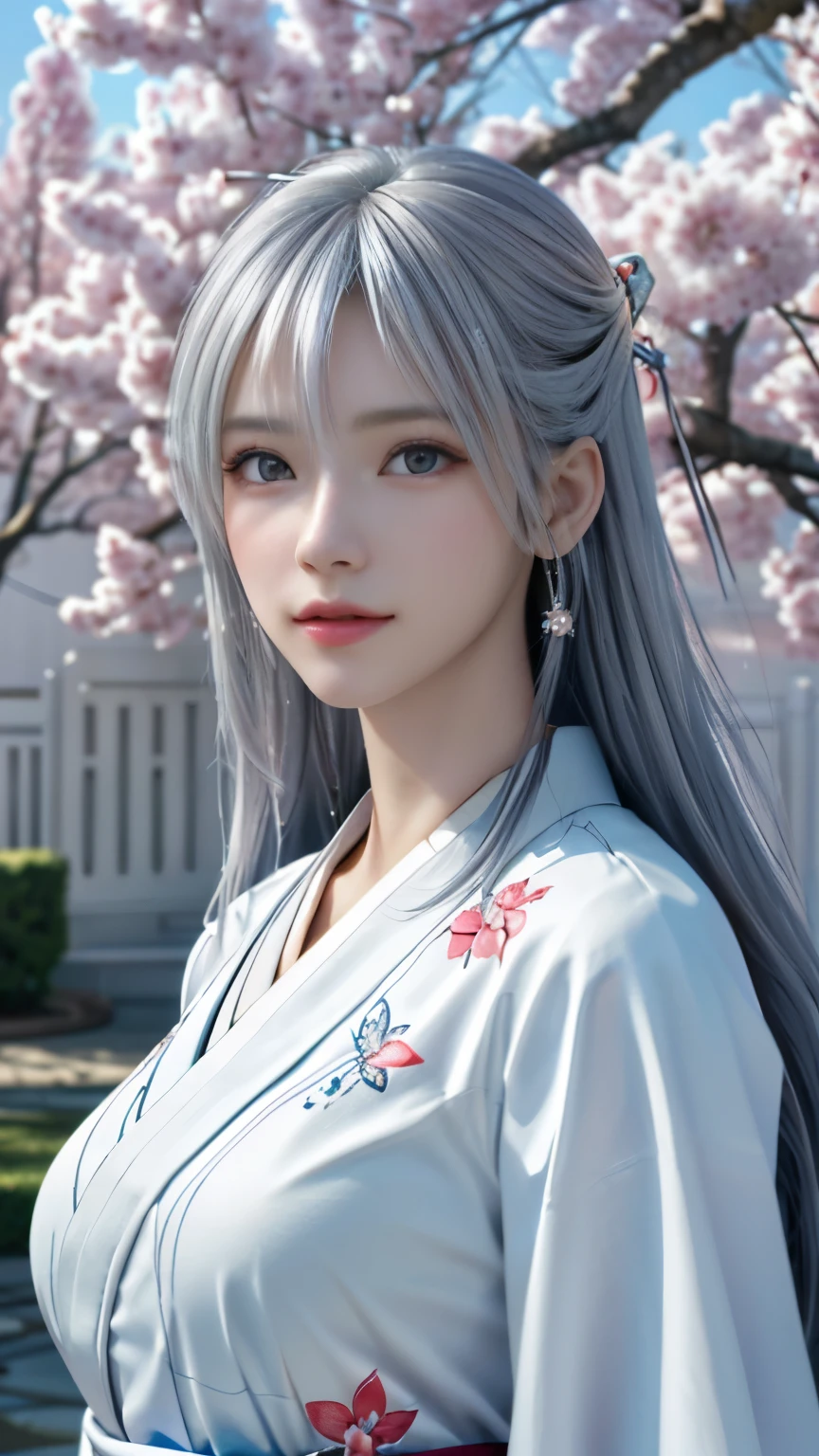 (logo, masterpiece, 8k, table top, RAW photo, wonderful, 最high quality, Photorealistic and hvery detailed CG integrated 8k wallpaper, high quality, very detailed, Narrative poem, particle effects, dynamic effects, Depth of written boundary, cinematic light, Lens flare, ray tracing, anatomically accurate)), fantasy, 1 beautiful woman, silver hair, clear eyes, long silver hair, beautiful face, real face, 緻密でbeautiful eyes, beautiful skin, 長い髪がWindでなびく, long hair bounces, 長い髪がWindで踊る, hair jump, jewelry, beautiful eyes, white kimono, Japan Dresses, white cherry blossom pattern, White cherry blossom embroidery pattern, silver earrings, Wind, blue sky, beautiful background, 古代のWind, Xianxia, Auspicious cloud, Hanfu