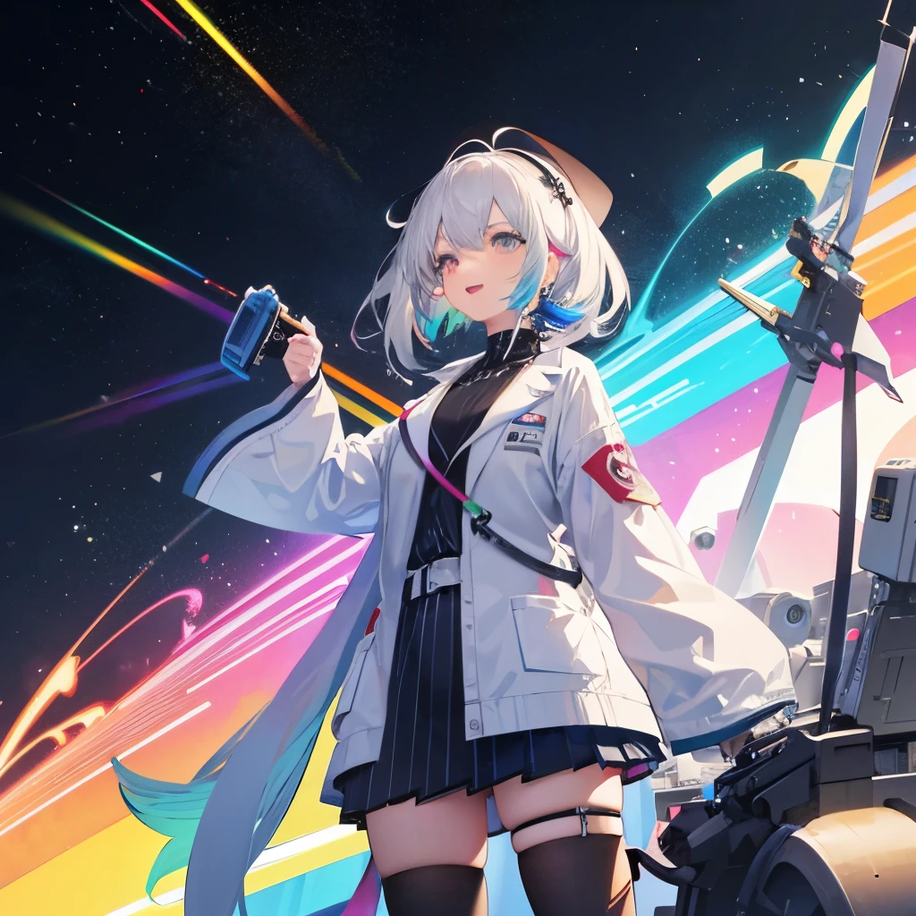 A gigantic gun whose half is a rainbow-colored 3D hologram. A beautiful white-haired scientist girl holding it. A laughing scientist with sci-fi elements in her accessories and clothes.
in white spaceship
with other scientists