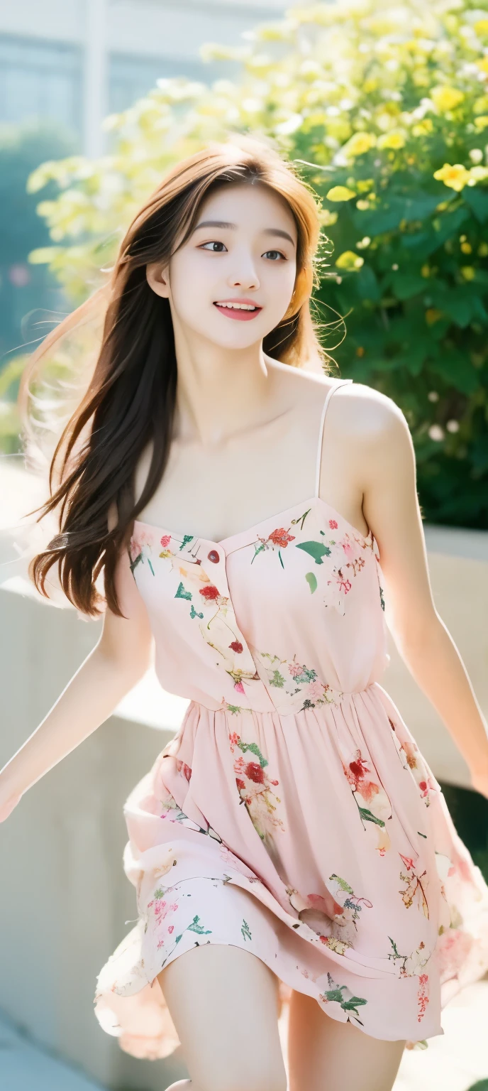 18-year-old girl,Beautiful looks,garden,bouquet of flowers,dream,pink tone,Short strappy floral dress,spaghetti straps,Snow-white chest,high nose bridge,extremely refined,people jumping