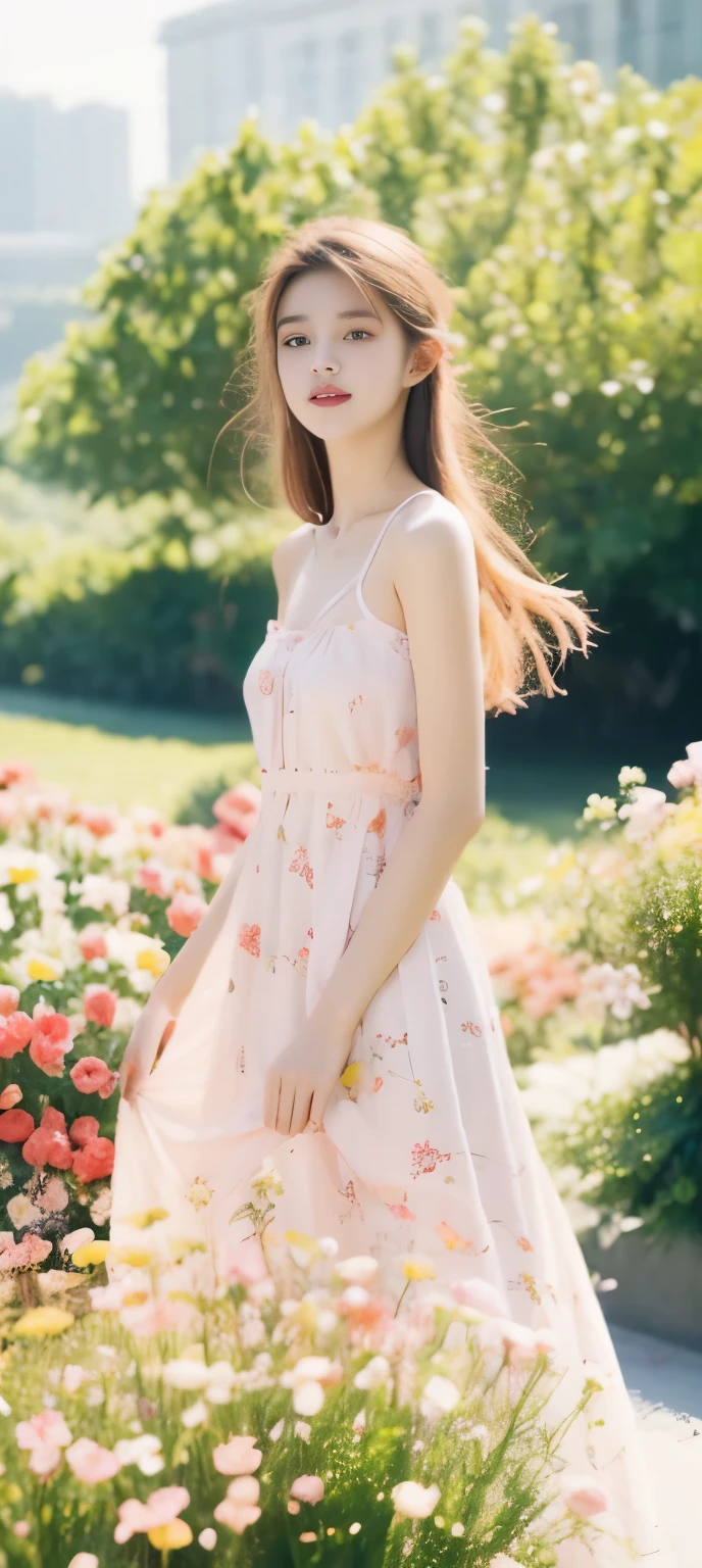 18-year-old girl，Beautiful looks，garden，bouquet of flowers，dream，pink tone，Short strappy floral dress，spaghetti straps，Snow-white chest，high nose bridge，extremely refined，people jumping