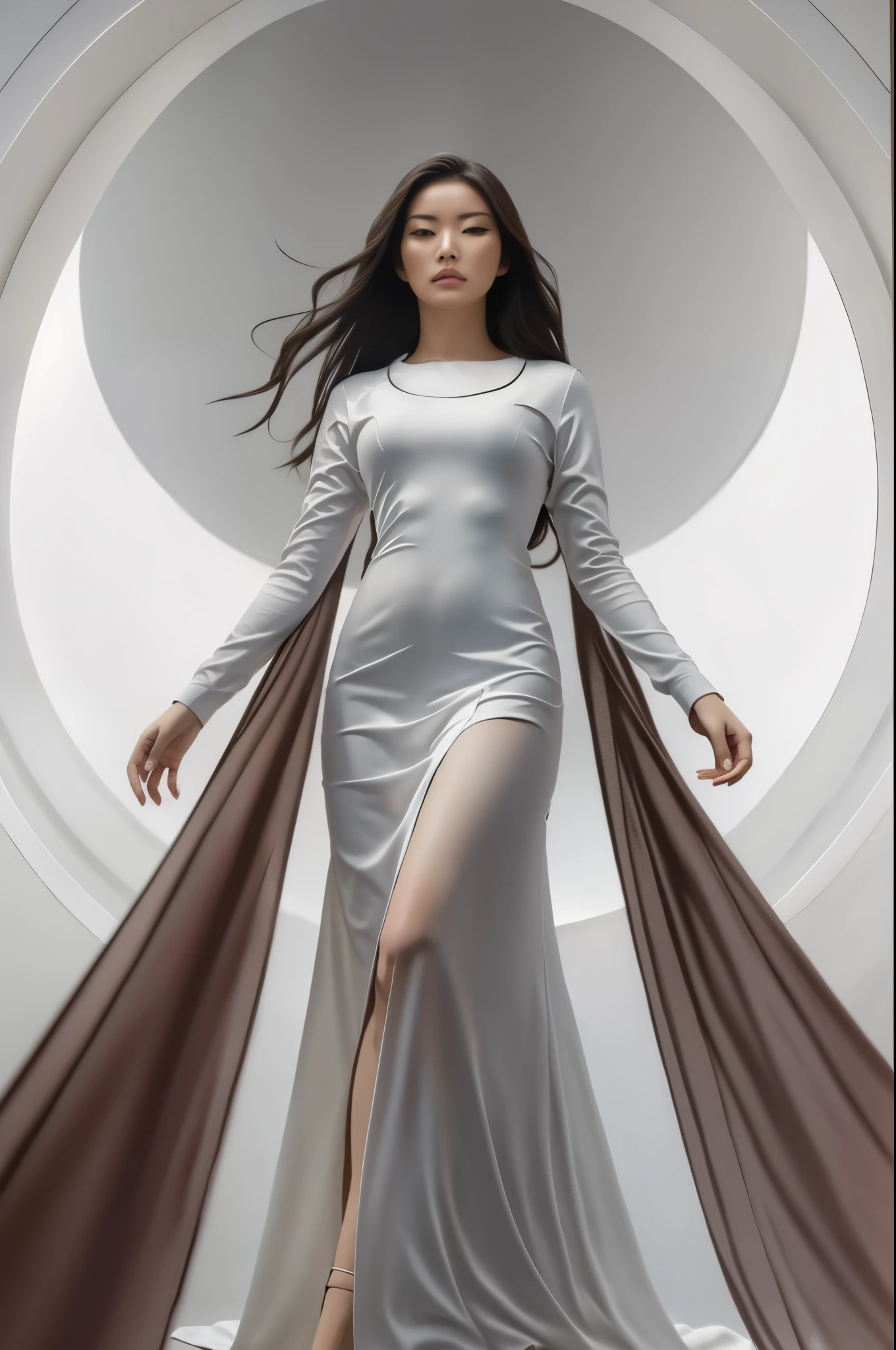 16K, Masterpiece, photorealism, A asian woman walks to her full height, a woman with dark long hair, a woman dressed in a white dress, white background