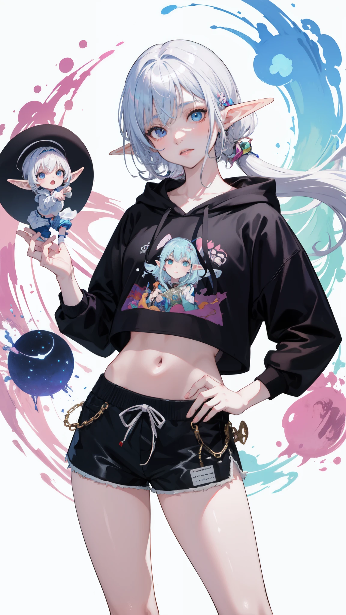 (Elf girl),(masterpiece,Highest Quality),Crop Top Look,Pastel Hoodie,(Gingham Check Shorts),A white-haired,World of toys, by Artgerm, by Mikimoto Haruhiko, Yoshitaka Amano, Hayao Miyazaki.