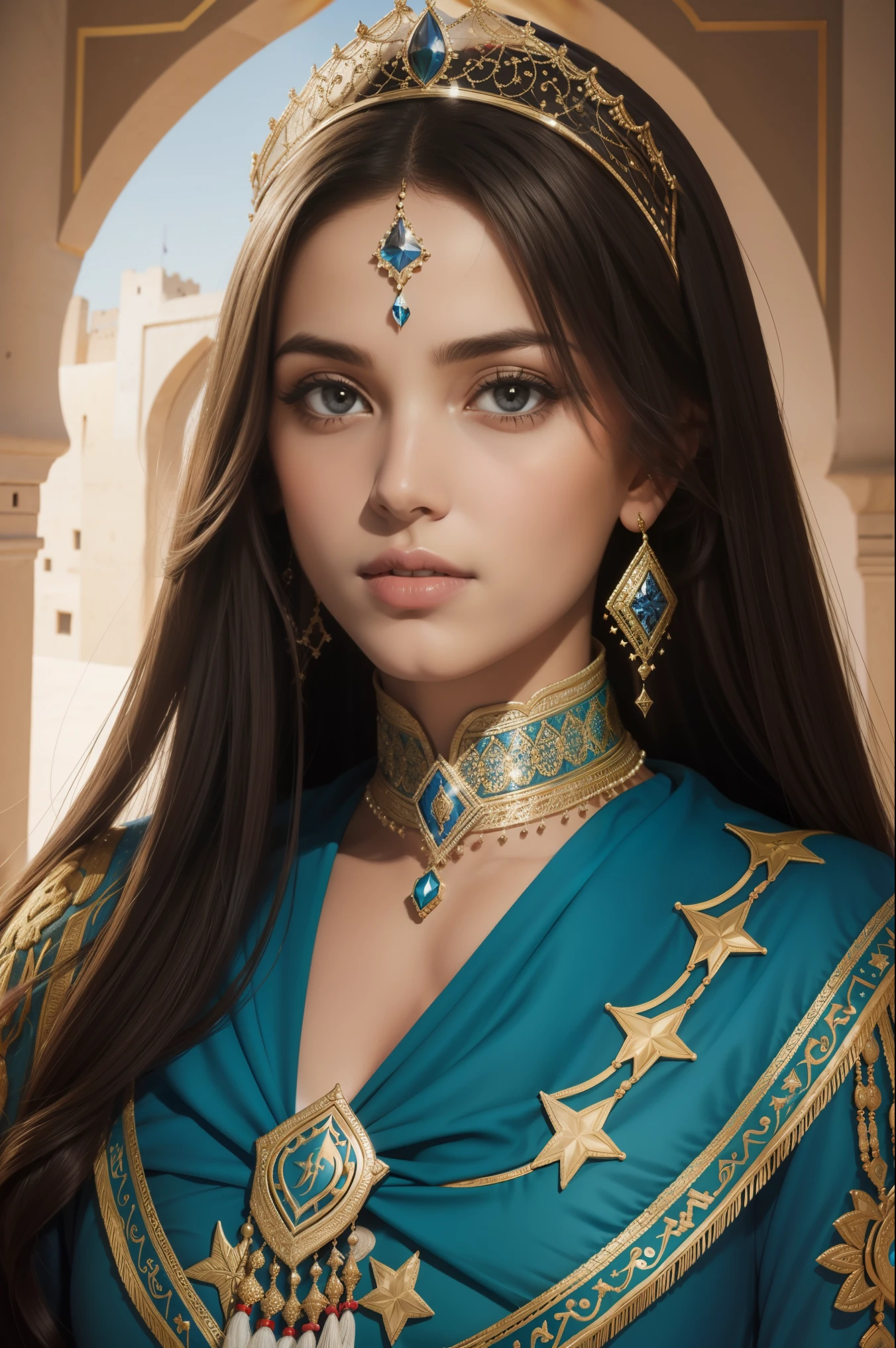 Un portrait de princesse arabe tenant le drapeau marocain