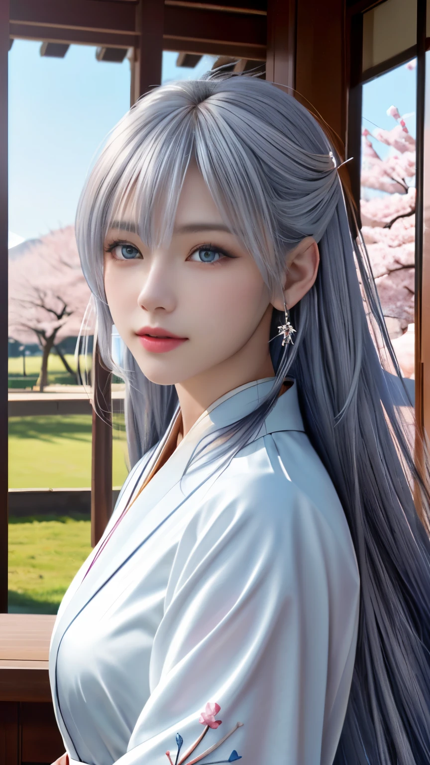 (logo, masterpiece, 8k, table top, RAW photo, wonderful, 最high quality, Photorealistic and hvery detailed CG integrated 8k wallpaper, high quality, very detailed, Narrative poem, particle effects, dynamic effects, Depth of written boundary, cinematic light, Lens flare, ray tracing, anatomically accurate)), fantasy, 1 beautiful woman, silver hair, clear eyes, long silver hair, beautiful face, real face, 緻密でbeautiful eyes, beautiful skin, 長い髪がWindでなびく, long hair bounces, 長い髪がWindで踊る, hair jump, jewelry, beautiful eyes, white kimono, Japan Dresses, white cherry blossom pattern, White cherry blossom embroidery pattern, silver earrings, Wind, blue sky, beautiful background, 古代のWind, Xianxia, pink cherry tree, petals dance, SakuraFubuki, Spectacular view, sunrise, sun on background, Wind, god々, god話, vast land