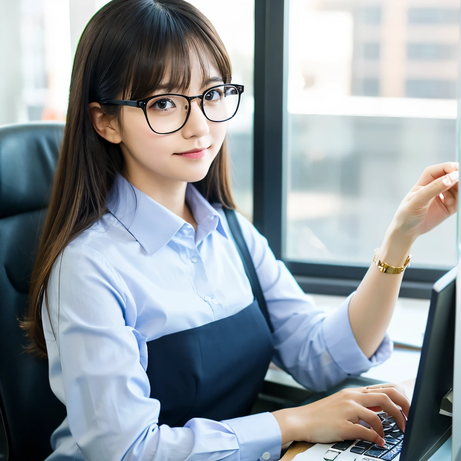 inside the office、cute girl、Working、background office、glasses