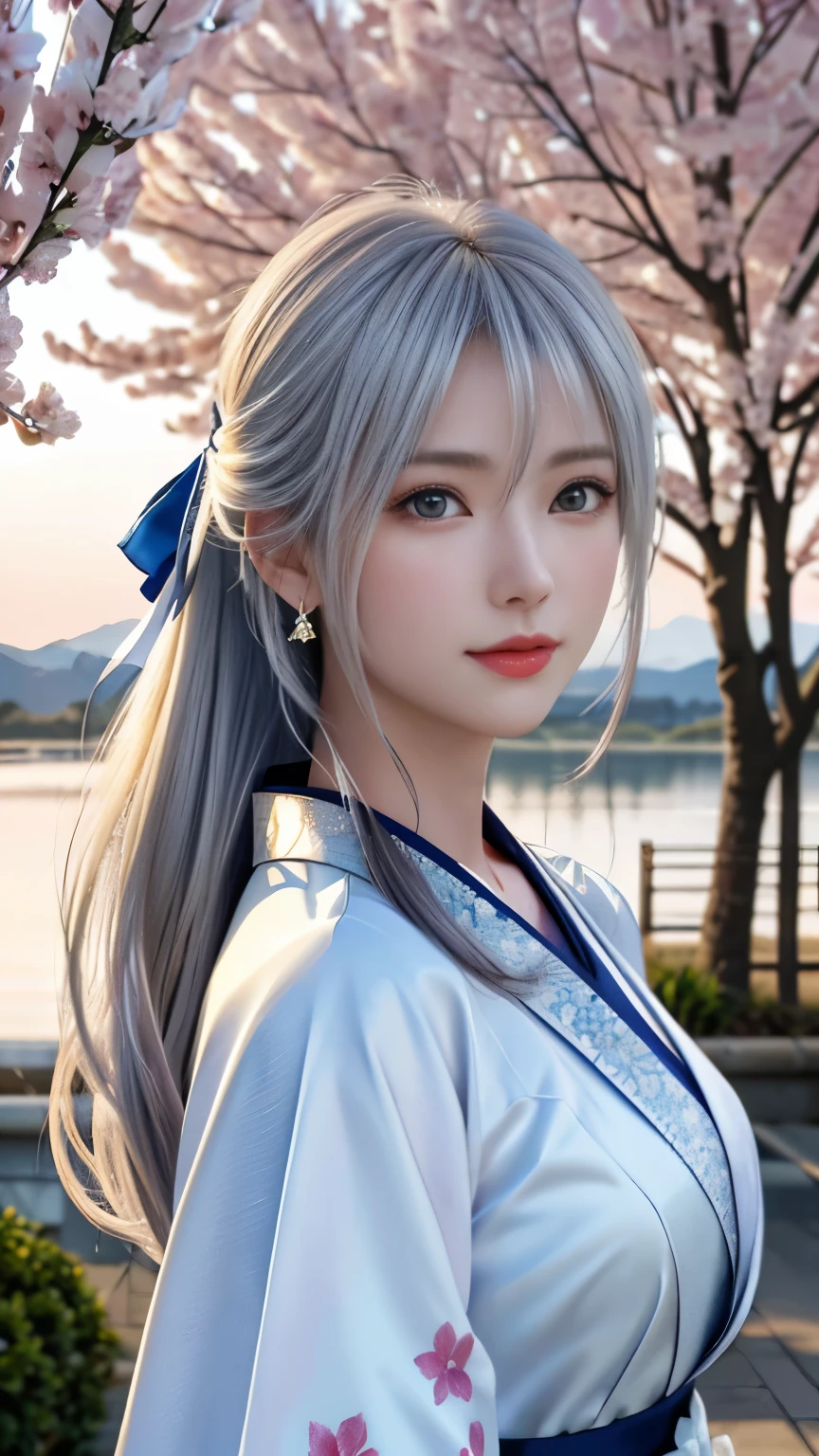 (logo, masterpiece, 8k, table top, RAW photo, wonderful, 最high quality, Photorealistic and hvery detailed CG integrated 8k wallpaper, high quality, very detailed, Narrative poem, particle effects, dynamic effects, Depth of written boundary, cinematic light, Lens flare, ray tracing, anatomically accurate)), fantasy, 1 beautiful woman, silver hair, clear eyes, long silver hair, beautiful face, real face, 緻密でbeautiful eyes, beautiful skin, 長い髪がWindでなびく, long hair bounces, 長い髪がWindで踊る, hair jump, jewelry, beautiful eyes, white kimono, Japan Dresses, white cherry blossom pattern, White cherry blossom embroidery pattern, silver earrings, Wind, blue sky, beautiful background, 古代のWind, Xianxia, pink cherry tree, petals dance, SakuraFubuki, Spectacular view, sunrise, sun on background, Wind, god々, god話, vast land