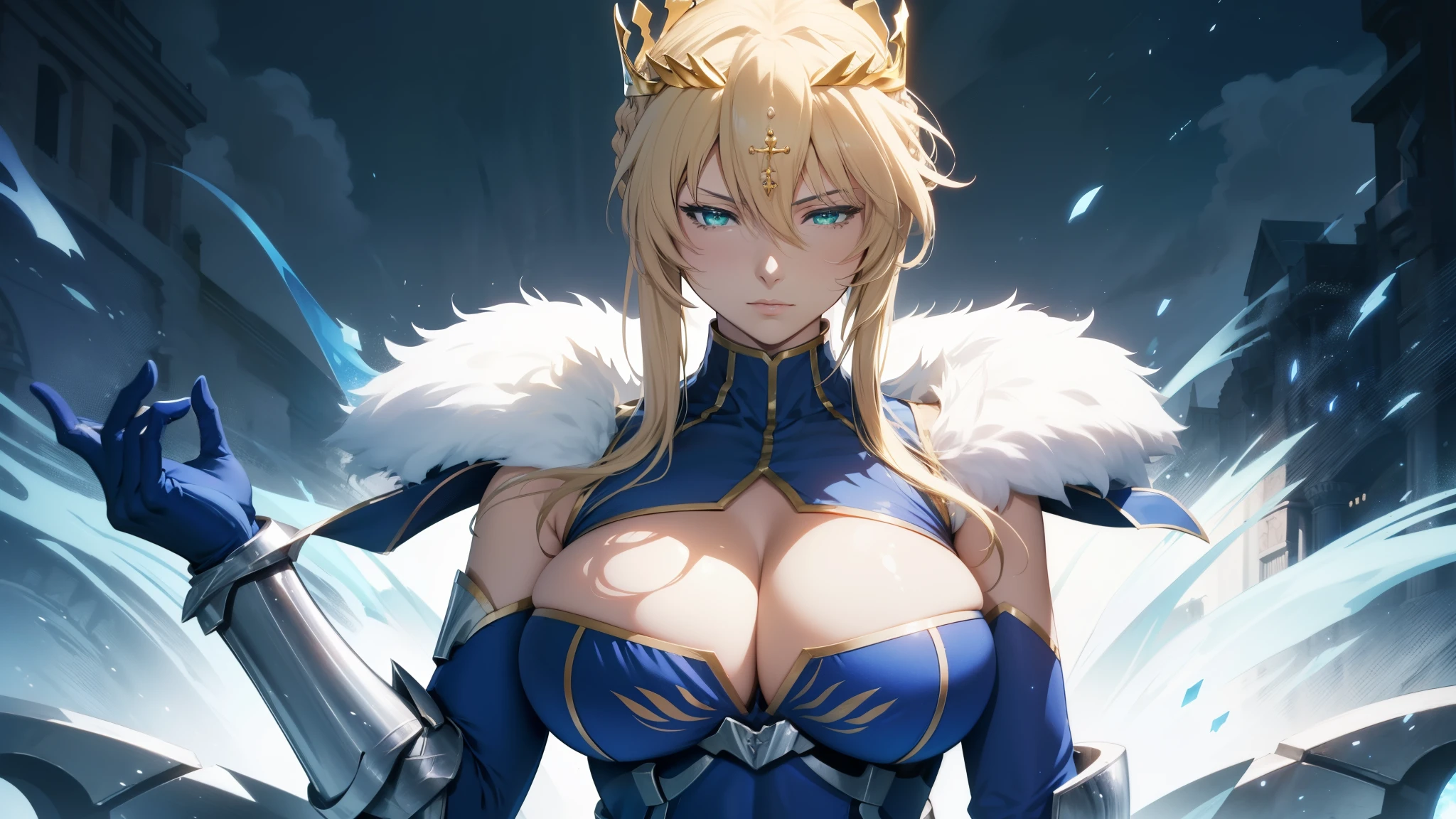 (best quality, highres), wallpaper of Artoria pendragon lancer, green eyes, big breast, artoriaLancer, braid, crown, turtleneck, cleavage cutout, sleeveless, blue leotard, gauntlets, elegant
