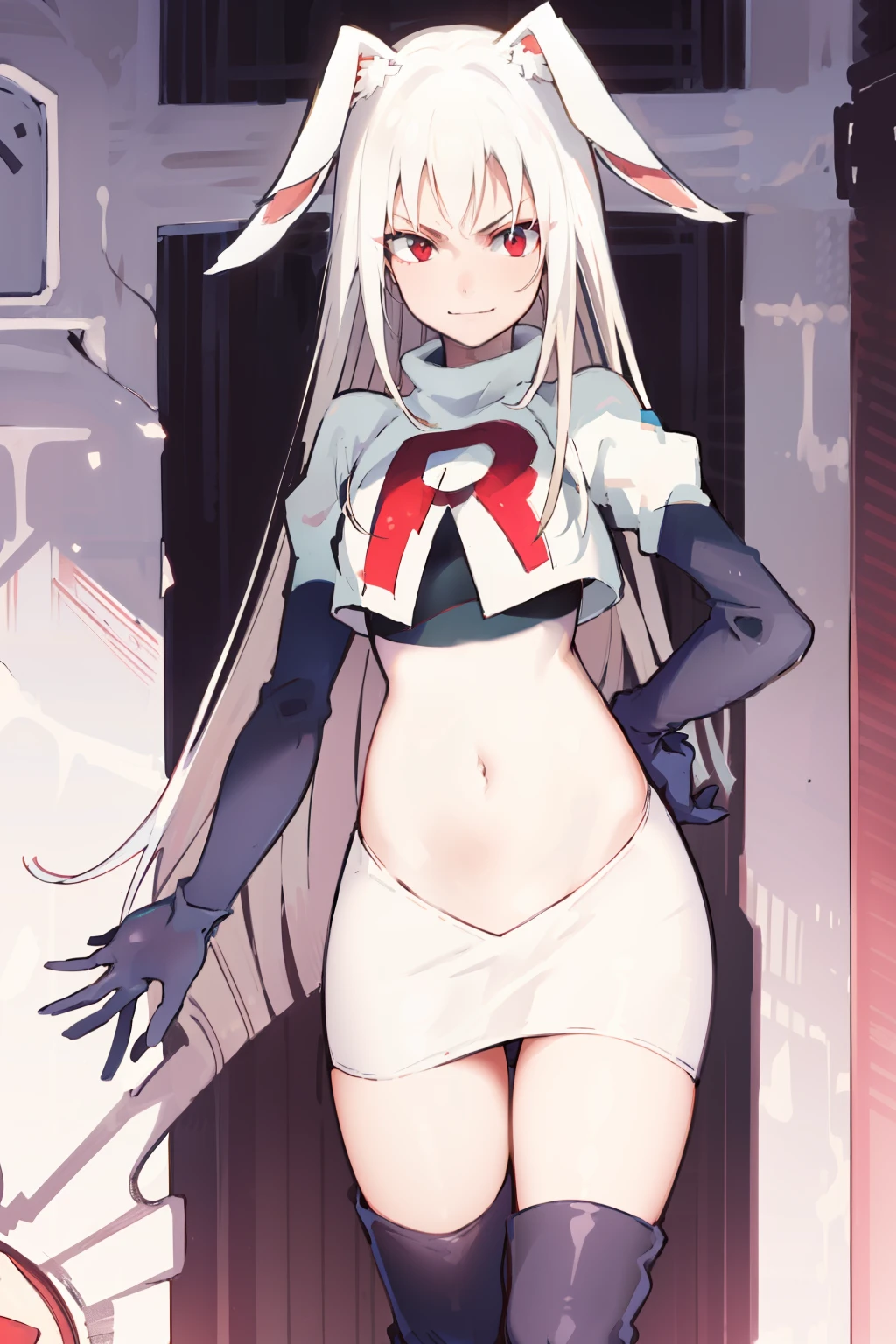 best quality, masterpiece, detailed, fantasy,
tyuule,
closed mouth, smirk,
white hair, very long hair, rabbit ears, red eyes, rabbit tail,
navel, team rocket,team rocket uniform, red letter R, white skirt,white crop top,black thigh-highs,black elbow gloves
looking at the viewer,