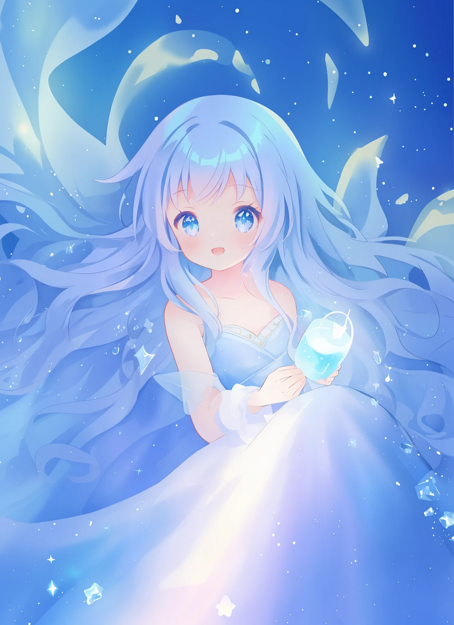 beautiful flowing gradient ballgown dress, long sparkling liquid blue purple hair, sparkling otherworldly liquid background, colorful fantasia background, watercolor illustration, disney art style, glowing aura around her, glowing lights, beautiful digital illustration, fantasia otherworldly, beautiful, masterpiece, best quality, anime disney style