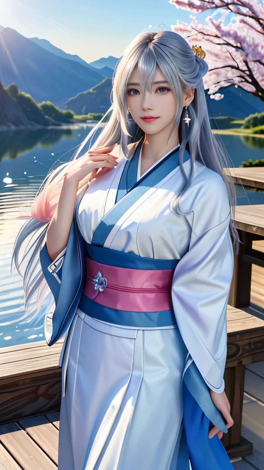 (logo, masterpiece, 8k, table top, RAW photo, wonderful, 最high quality, Photorealistic and hvery detailed CG integrated 8k wallpaper, high quality, very detailed, Narrative poem, particle effects, dynamic effects, Depth of written boundary, cinematic light, Lens flare, ray tracing, anatomically accurate)), fantasy, 1 beautiful woman, silver hair, clear eyes, long hair, beautiful face, real face, 緻密でbeautiful eyes, beautiful skin, long hairがWindでなびく, long hairが跳ねる, long hairがWindで踊る, hair jump, jewelry, beautiful eyes, white kimono,   white obi,  White cherry blossom embroidery pattern,  silver earrings, Wind,  blue sky,  beautiful background, 古代のWind, Xianxia, pink cherry tree, petals dance, SakuraFubuki, Spectacular view, sunrise, sun on background, Wind, god々, god話, vast land