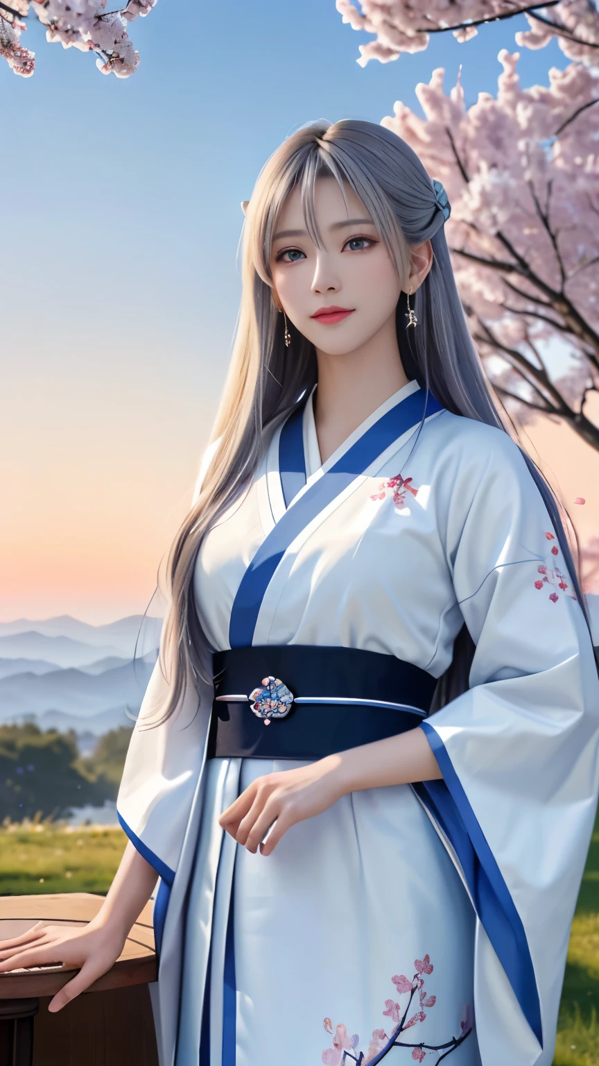 (logo, masterpiece, 8k, table top, RAW photo, wonderful, 最high quality, Photorealistic and hvery detailed CG integrated 8k wallpaper, high quality, very detailed, Narrative poem, particle effects, dynamic effects, Depth of written boundary, cinematic light, Lens flare, ray tracing, anatomically accurate)), fantasy, 1 beautiful woman, silver hair, clear eyes, long hair, beautiful face, real face, 緻密でbeautiful eyes, beautiful skin, long hairがWindでなびく, long hairが跳ねる, long hairがWindで踊る, hair jump, jewelry, beautiful eyes, white kimono, white obi, White cherry blossom embroidery pattern, silver earrings, Wind, blue sky, beautiful background, 古代のWind, Xianxia, pink cherry tree, petals dance, SakuraFubuki, Spectacular view, sunrise, sun on background, Wind, god々, god話, vast land