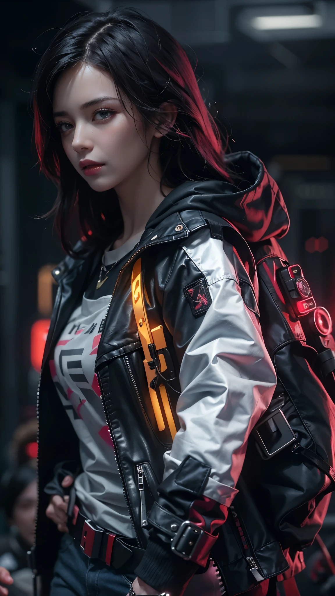 motor irreal:1.4,UHD,La mejor calidad:1.4, fotorrealista:1.4, textura de la piel:1.4, obra maestra:1.8, Hermosa mujer, cabello rojo, Black military coat, senos largos, Estilo cyberpunk, Detalles realistas, cerca, Chaqueta de cuero negro retrato,white jeans Vaqueros cortos,,hermosas manos finas ,(cyberpunk:1.4),(cabello multicolor+rosado:1.3+amarillo:1.3),lingerie cyberpunk, Noche misteriosa,(detailed:1.4),(Special station:1.4),