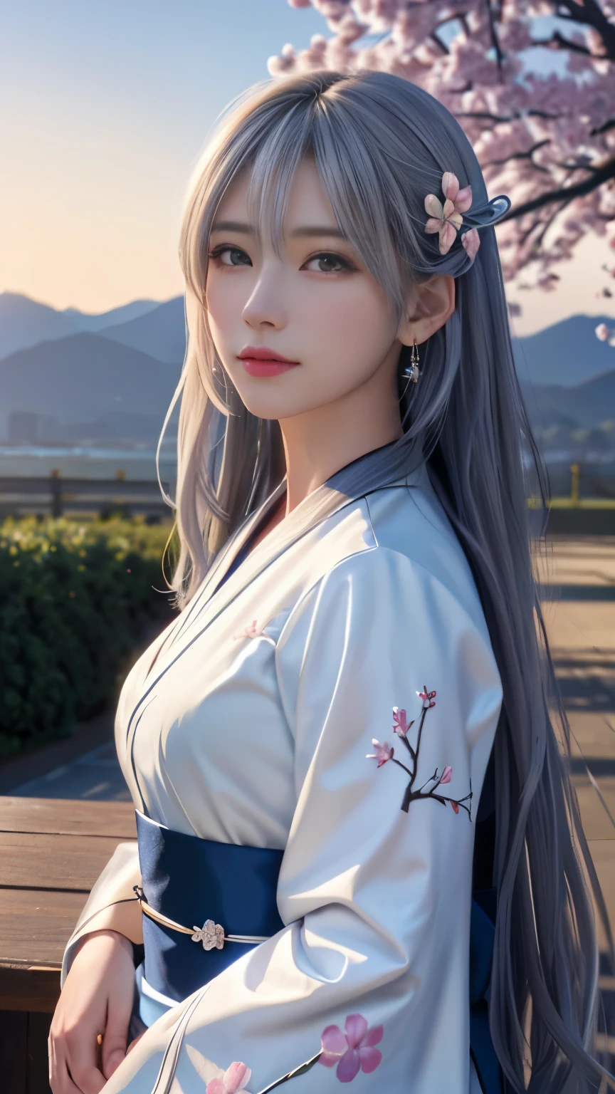(logo, masterpiece, 8k, table top, RAW photo, wonderful, 最high quality, Photorealistic and hvery detailed CG integrated 8k wallpaper, high quality, very detailed, Narrative poem, particle effects, dynamic effects, Depth of written boundary, cinematic light, Lens flare, ray tracing, anatomically accurate)), fantasy, 1 beautiful woman, silver hair, clear eyes, long hair, beautiful face, real face, 緻密でbeautiful eyes, beautiful skin, long hairがWindでなびく, long hairが跳ねる, long hairがWindで踊る, hair jump, jewelry, beautiful eyes, white kimono, white obi, White cherry blossom embroidery pattern, silver earrings, Wind, blue sky, beautiful background, 古代のWind, Xianxia, pink cherry tree, petals dance, SakuraFubuki, Spectacular view, sunrise, sun on background, Wind, god々, god話, vast land