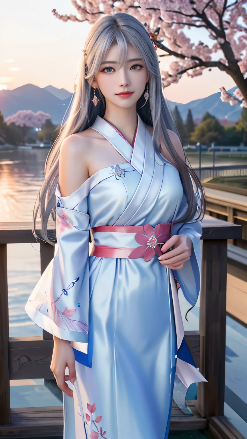 (logo, masterpiece, 8k, table top, RAW photo, wonderful, 最high quality, Photorealistic and hvery detailed CG integrated 8k wallpaper, high quality, very detailed, Narrative poem, particle effects, dynamic effects, Depth of written boundary, cinematic light, Lens flare, ray tracing, anatomically accurate)), fantasy, 1 beautiful woman, silver hair, clear eyes, long hair, beautiful face, real face, 緻密でbeautiful eyes, beautiful skin, long hairがWindでなびく, long hairが跳ねる, long hairがWindで踊る, hair jump, jewelry, beautiful eyes, white kimono, white obi, White cherry blossom embroidery pattern, silver earrings, Wind, blue sky, beautiful background, 古代のWind, Xianxia, pink cherry tree, petals dance, SakuraFubuki, Spectacular view, sunrise, sun on background, Wind, god々, god話, vast land
