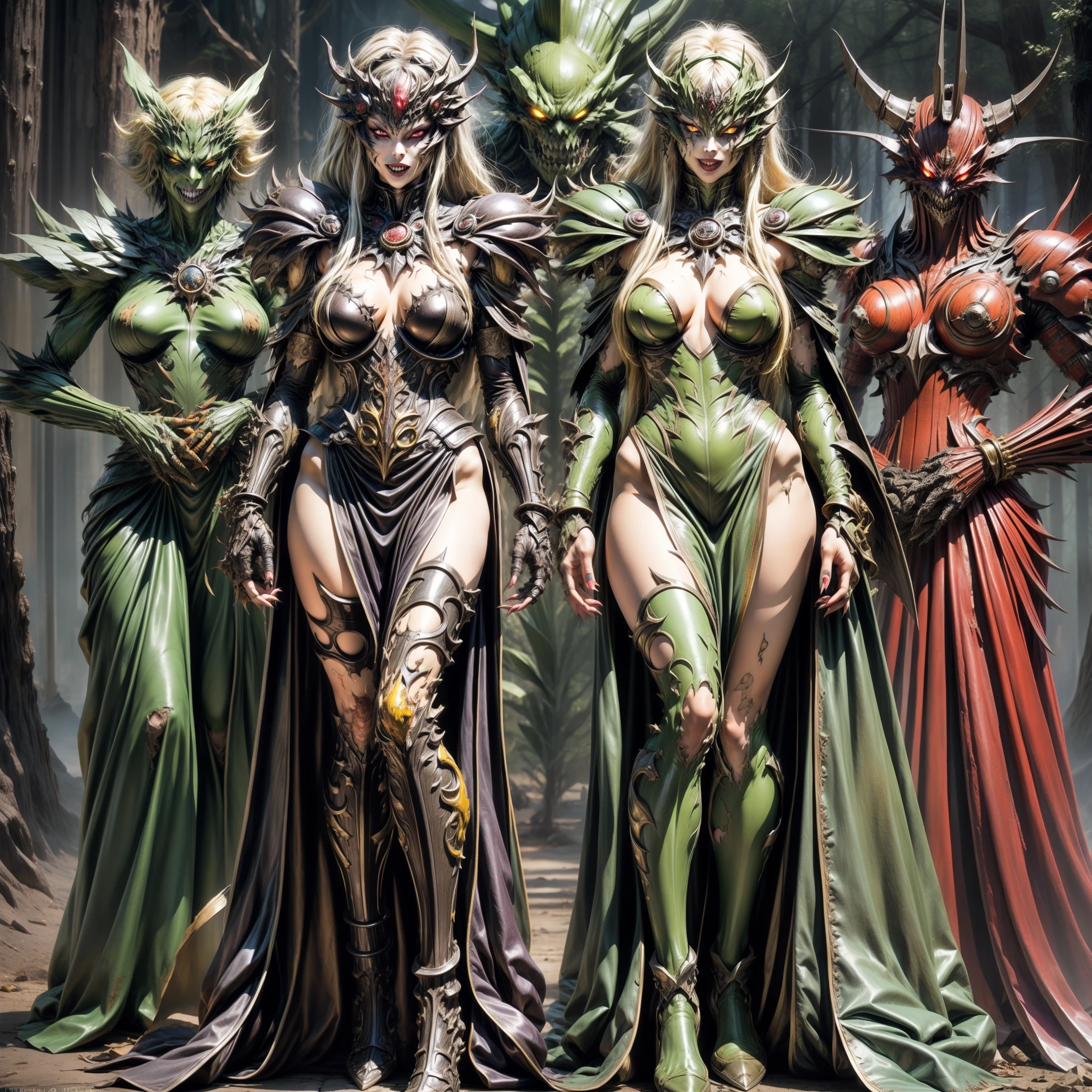 woman, green skin, ghoulish smile, frightening, macabre, ghastly, terror, big teeth, thin teeth, green dirt, yellow eyes, black dirt eye, dirt face, contortionist, full body, very thin, no , no  , very thin, yellow hair, messy, brown dress, long dress, long sleeves, torn, rags, big nails, black claws, dark forest, dark, no light, evil, villain, add_detail:2