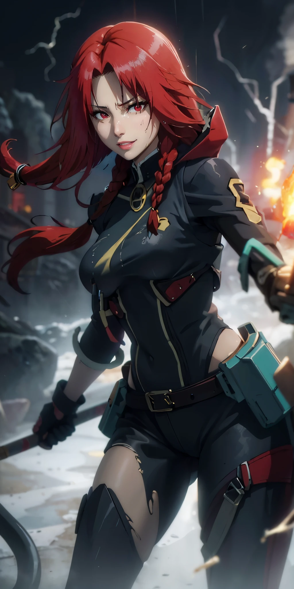 red hair, long hair, braid, red eyes, muscular female, anatomically correct, best quality, masterpiece, high quality, high details, highres, HD, (shaded face:1.2), hollow eyes, looking at viewer, heavy breathing, smirk, uppert teeth, hight resolution、(​masterpiece:1.4)、ultra-detailliert、From above、kosmos、​masterpiece, accel_wad face:1.2), (Crazy smile:1.3), crutch, glowing, up close shot, Swirling wind, Lightning around the character, Complex background of the night, ighly detailed, (murky:1.3), murky, The dim, HDR, vignettes, unclean, torn, 