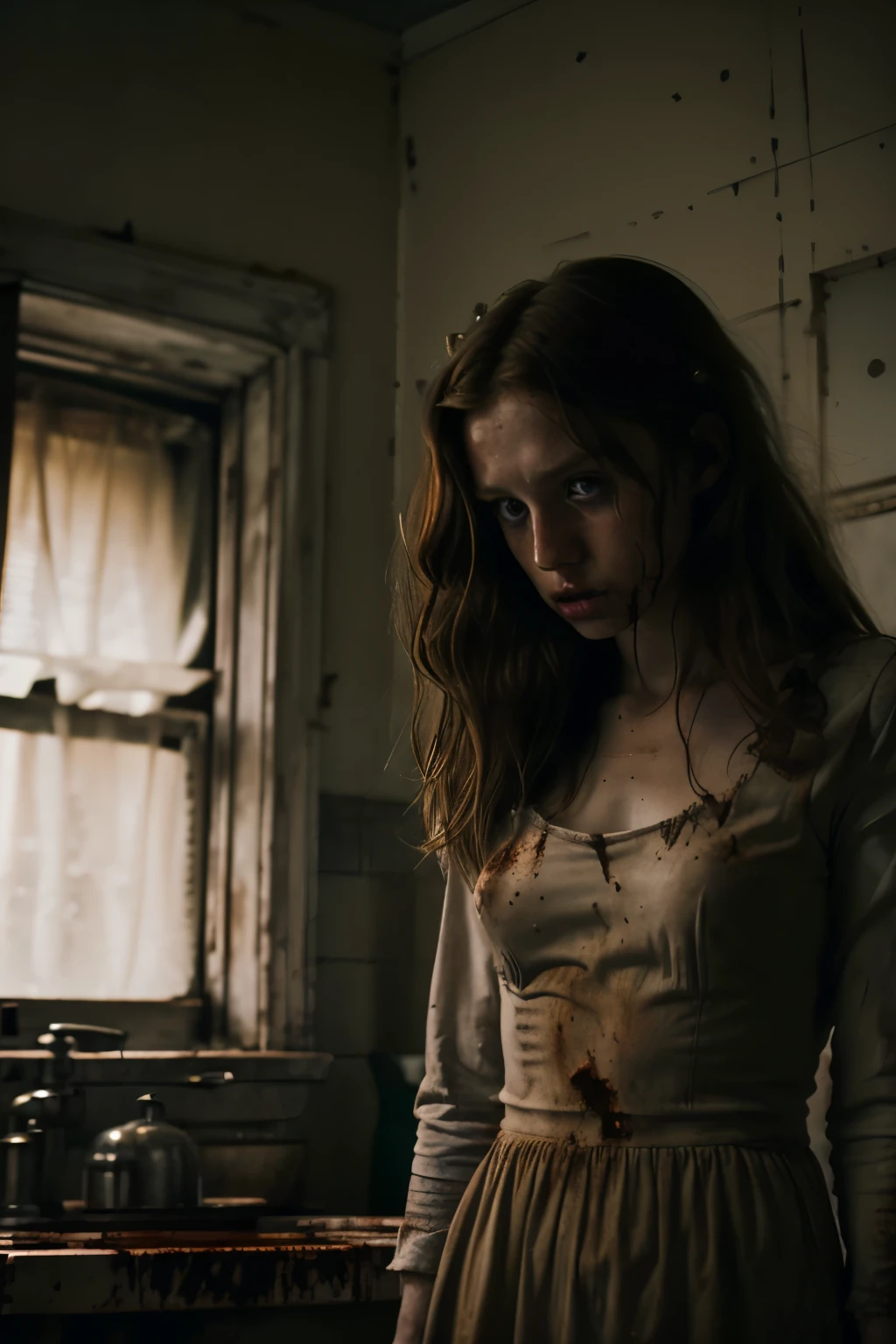 Rotting zombie. Horror. 1girl in, age19, Solo, Aesthetic artwork, irish, wavy ginger hair, shoulder length hair, gray eyes, light grey eyes, pale skin, A-cup, small breasts, runners body, (textured skin, skin pores:1.1), goosebumps, breasts and nipples showing, Photorealistic, 4K, Nikon, reelunsettling, indoors, solo