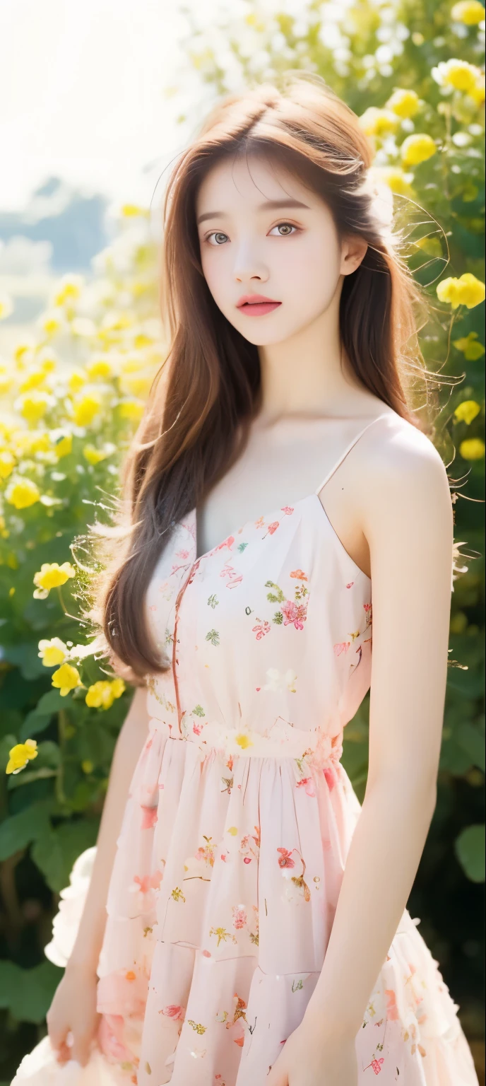 18-year-old girl，Beautiful looks，garden，bouquet of flowers，dream，pink tone，Short strappy floral dress，spaghetti straps，Snow-white chest，high nose bridge，Extremely delicate beauty