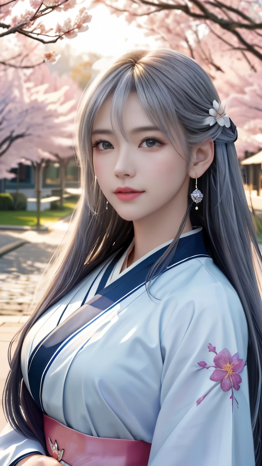 (logo, masterpiece, 8k, table top, RAW photo, wonderful, 最high quality, Photorealistic and hvery detailed CG integrated 8k wallpaper, high quality, very detailed, Narrative poem, particle effects, dynamic effects, Depth of written boundary, cinematic light, Lens flare, ray tracing, anatomically accurate)), fantasy, 1 beautiful woman, silver hair, clear eyes, long hair, beautiful face, real face, 緻密でbeautiful eyes, beautiful skin, long hairがWindでなびく, long hairが跳ねる, long hairがWindで踊る, hair jump, jewelry, beautiful eyes, white kimono, white obi, White cherry blossom embroidery pattern, silver earrings, Wind, blue sky, beautiful background, 古代のWind, Xianxia, pink cherry tree, petals dance, SakuraFubuki, Spectacular view, sunrise, sun on background, Wind, god々, god話, vast land