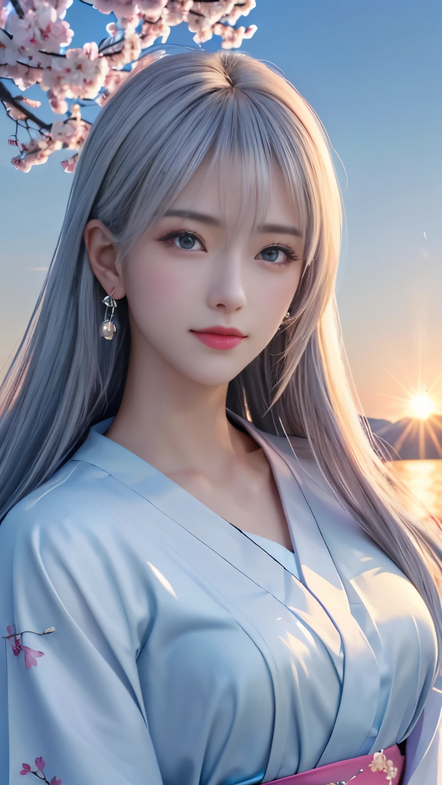 (logo, masterpiece, 8k, table top, RAW photo, wonderful, 最high quality, Photorealistic and hvery detailed CG integrated 8k wallpaper, high quality, very detailed, Narrative poem, particle effects, dynamic effects, Depth of written boundary, cinematic light, Lens flare, ray tracing, anatomically accurate)), fantasy, 1 beautiful woman, silver hair, clear eyes, long hair, beautiful face, real face, 緻密でbeautiful eyes, beautiful skin, long hairがWindでなびく, long hairが跳ねる, long hairがWindで踊る, hair jump, jewelry, beautiful eyes, white kimono, white obi, White cherry blossom embroidery pattern, silver earrings, Wind, blue sky, beautiful background, 古代のWind, Xianxia, pink cherry tree, petals dance, SakuraFubuki, Spectacular view, sunrise, sun on background, Wind, god々, god話, vast land
