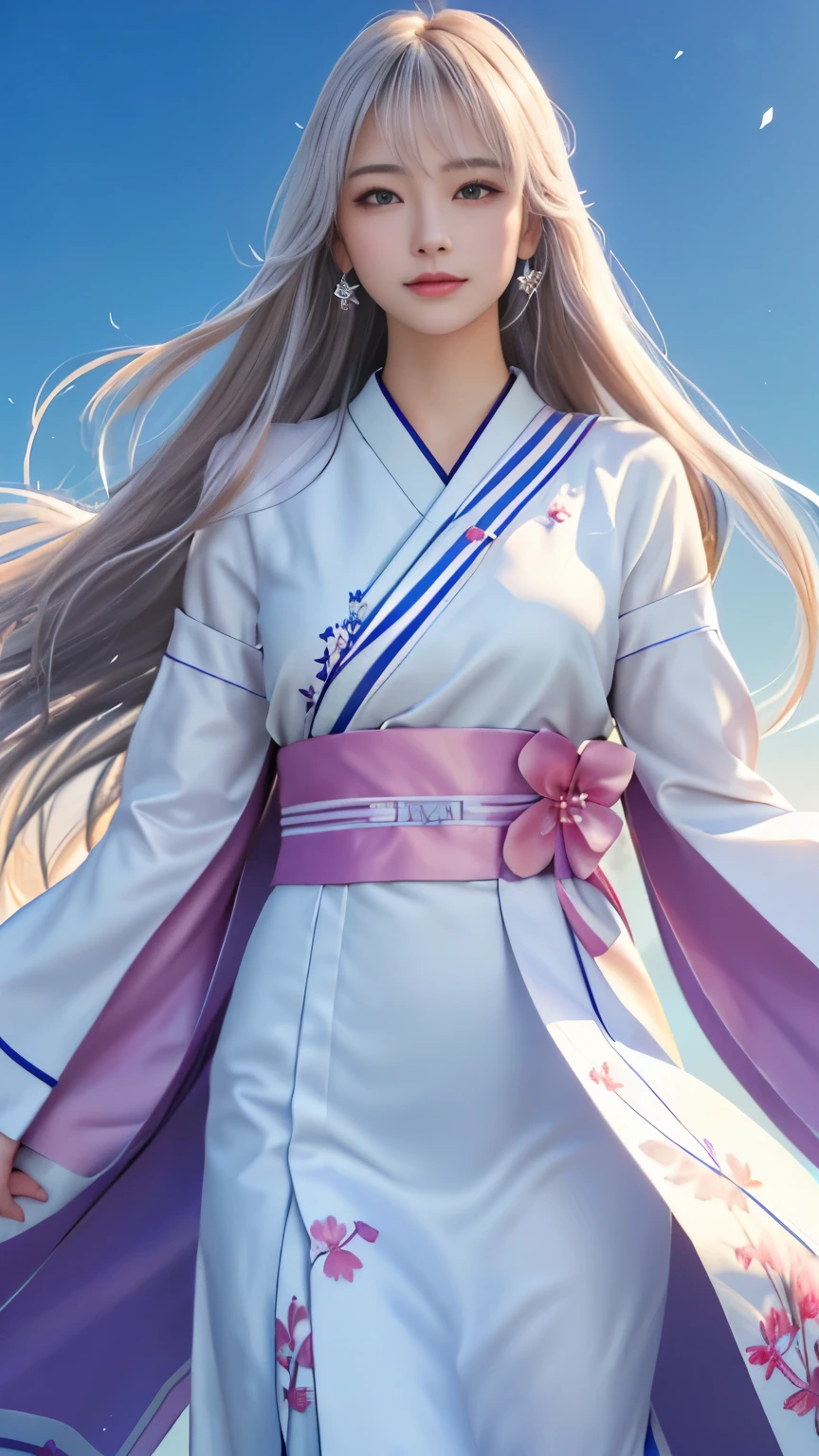 (logo, masterpiece, 8k, table top, RAW photo, wonderful, 最high quality, Photorealistic and hvery detailed CG integrated 8k wallpaper, high quality, very detailed, Narrative poem, particle effects, dynamic effects, Depth of written boundary, cinematic light, Lens flare, ray tracing, anatomically accurate)), fantasy, 1 beautiful woman, silver hair, clear eyes, long hair, beautiful face, real face, 緻密でbeautiful eyes, beautiful skin, long hairがWindでなびく, long hairが跳ねる, long hairがWindで踊る, hair jump, jewelry, beautiful eyes, white kimono, white obi, White cherry blossom embroidery pattern, silver earrings, Wind, blue sky, beautiful background, 古代のWind, Xianxia, pink cherry tree, petals dance, SakuraFubuki, Spectacular view, sunrise, sun on background, Wind, god々, god話, vast land