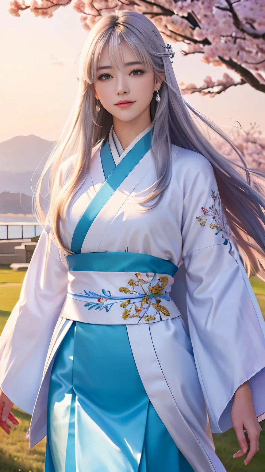 (logo, masterpiece, 8k, table top, RAW photo, wonderful, 最high quality, Photorealistic and hvery detailed CG integrated 8k wallpaper, high quality, very detailed, Narrative poem, particle effects, dynamic effects, Depth of written boundary, cinematic light, Lens flare, ray tracing, anatomically accurate)), fantasy, 1 beautiful woman, silver hair, clear eyes, long hair, beautiful face, real face, 緻密でbeautiful eyes, beautiful skin, long hairがWindでなびく, long hairが跳ねる, long hairがWindで踊る, hair jump, jewelry, beautiful eyes, white kimono, white obi, White cherry blossom embroidery pattern, silver earrings, Wind, blue sky, beautiful background, 古代のWind, Xianxia, pink cherry tree, petals dance, SakuraFubuki, Spectacular view, sunrise, sun on background, Wind, god々, god話, vast land