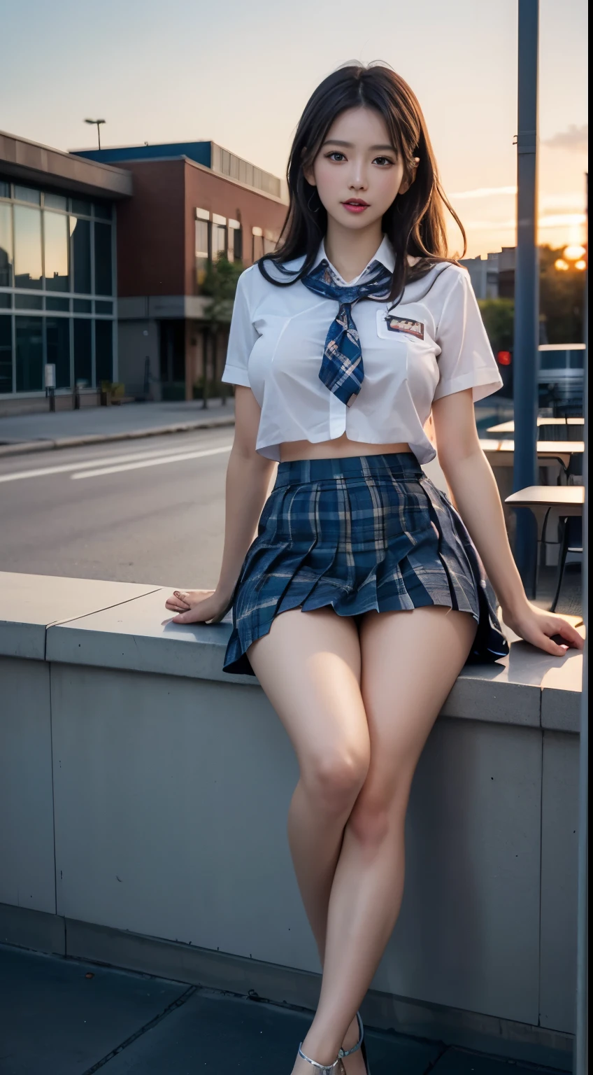 (highest quality:1.4), (hyper quality), (Super detailedな), 1 beautiful girl, So cute, wonderful face and eyes, (school uniform, Blue checked pleated micro mini skirt:1.5), (on skirt:1.9), (Beautiful and incredibly big breasts:1.3), (slender body:1.1), (thin legs), (very thin waist), realistic skin texture, bangs, bright and glossy lips, Beautiful goddess descends, beautiful background, golden ratio, conceptual art, Super detailed, Accurate, advanced details, outdoors, sexy art, surrounded by a beautiful sunset, bright light, Super delicate illustration details, 8K wallpaper that integrates high-definition CG, RAW photo, professional photos, cinematic lighting, written boundary depth, (No bra), (nipple protrusion), (nipple protrusionが制服を押し上げている), cropped tops, (High heels on bare feet)