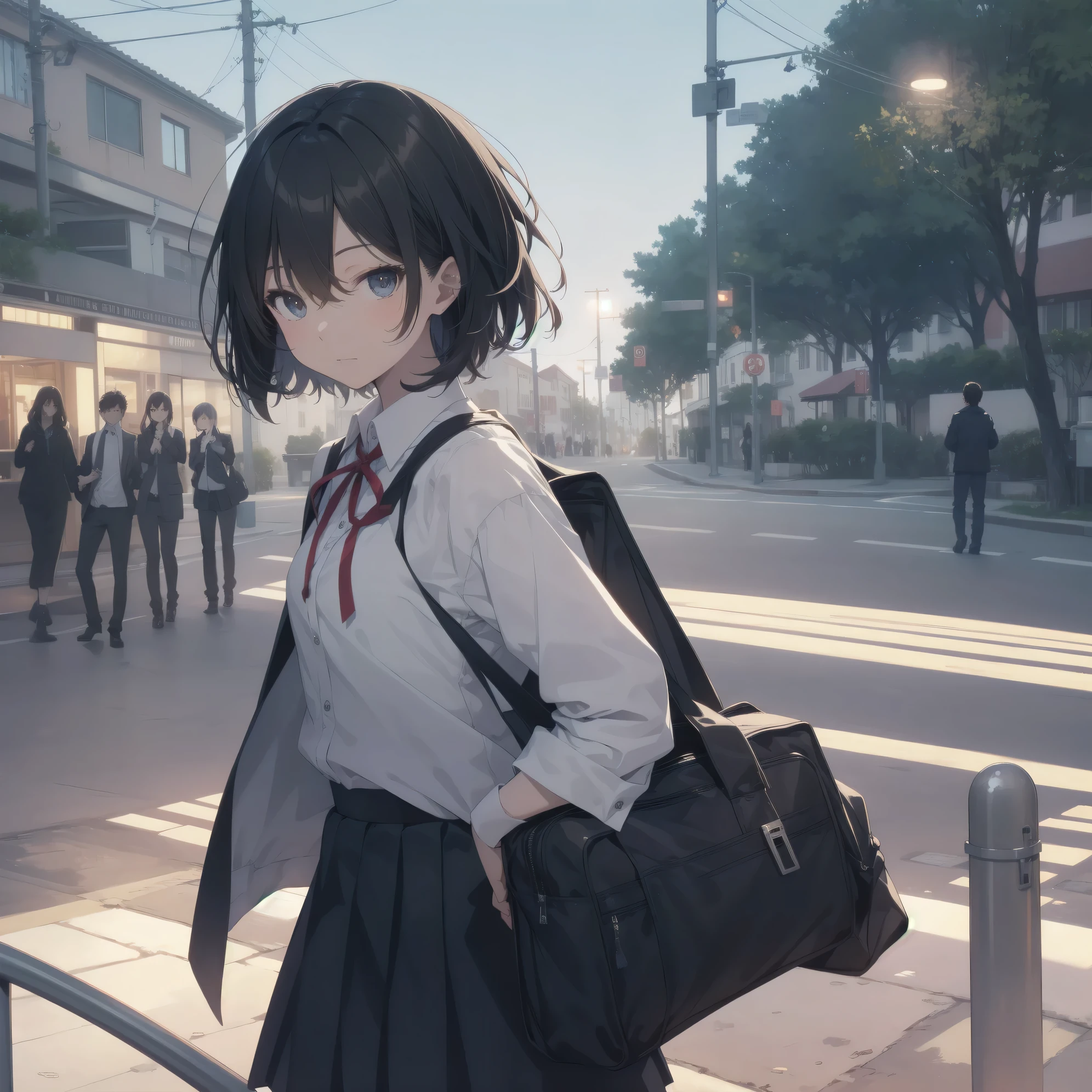 Super absurd quality by the god of art, super detailed, High resolution, anime moe art style, Best Anime 8K Kona-chan Wallpaper, pixiv contest winner, perfect anatomy, break,(眠そうにalone学校へ行く女の子を描いてください. )break,1 girl, (alone,little woman, baby face, :1.3),All limbs, full finger,, The charm of an immature body, (very_short hair), bangs, flat chest, Small Bodysuits, small ass, between legs, small black eyes, detailed and beautiful eyes, Well-proportioned iris and pupils, expressive eyes, sleepy eyes, High resolutionの詳細な髪, hair grip, neck ribbon, skirt, collared shirt, pleated skirt, school uniform, school bag,(detailed lighting), (detailed background), On the way to school. break,super dense skin, Best movie lighting by famous artists, 8k,cute illustration,photoshop_(Moderate),Absurd Hi-Res,Hmm,rough skin