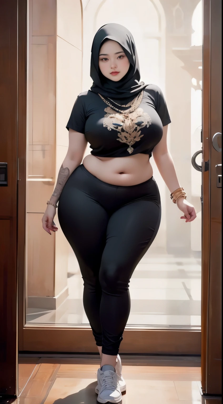 ((best quality)), ((masterpiece)), (detailed), perfect face, araffe woman thick and thight long pants posing for a picture, curvy model,, curvy hourglass figure, sexy longest hand t-shirt, thicc, beautiful full body shot, soft curvy shape, in a longest hand t-shirt, a beautiful woman , bbwchan, , armpits, there is a old woman posing in a dark room with a maroon burka clothes , 43 years old, thick body, beautiful thick female, wide hips, thick legs, she has a jiggly fat round belly, thick thighs, curvy hourglass figure, thicc, curvy model, widest hips, hyperrealistic full figure, bbwchan, voluptuous body, thick, tattooed body, tattooed hands, hena on arm, hena in belly, Burka girl, muslim clothes, 43 years old woman. Burka chubby woman, chubby cheeks, wearing a sneakers, bob hairstyle, thick neck, short neck, there is a woman random pose red-brown hijab, bbwchan, thicc, brown hijab outfit, brown hijab fashion model, korean girl, korean woman, wearing brown robe, full length shot, alluring plus sized model, japanese goddess, clothed in hooded, voluptuous and arousing, portrait shot, curvy model, voluptuous body, wonderful, nene tanaka body , bbwchan, The overall atmosphere is smooth , haunting illustrations, extremely high-resolution details, photographic, realism pushed to extreme, fine texture, 4k, ultra-detailed, high quality, high contrast, red sneakers , cold atmosphere ,, 8k resolution , ultra-detailed resolution , wearing long thight pants, random pose with full body , full body, diamond necklace , wearing a watch , thick arm, thick cheeks , wearing a gold Bracelet