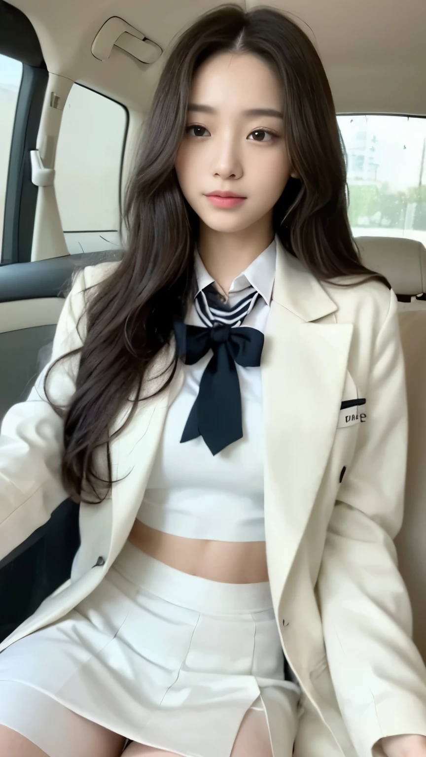 ((top-quality、8k、masterpiece:1.3))、Beautiful woman with perfect body:1.4、slim abdomen:1.2、Longhair, normal breast, Highly detailed facial and skin texture, A detailed eye, delicate eyes, double eyelid, (smile), (full body shot), ((in the car 1.1)), (sitting in the car), ((wearing white uniform white coat)), looking in front