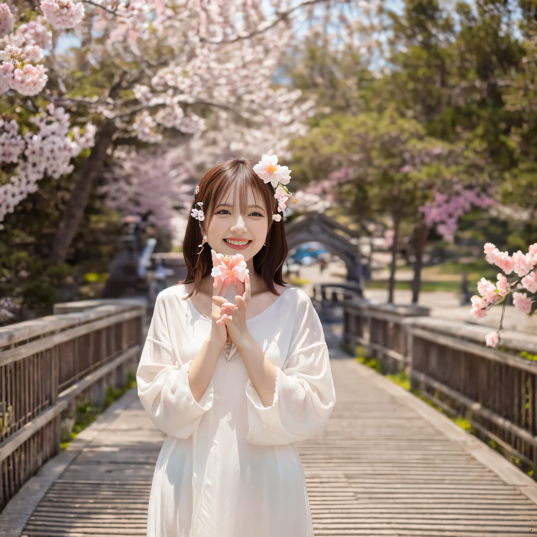 Highly detailed CG Unity 8k wallpaper, best lighting, Super detailed), (highest quality, masterpiece, High resolution), Are standing, national style girl, cherry blossom petals, soft light, beautiful hair, pink and white hanfu costume, wide々open space, Sakura season, cherry blossom silk, bright colors, light smile, floating cherry blossom petals, Are standing on a wooden bridge