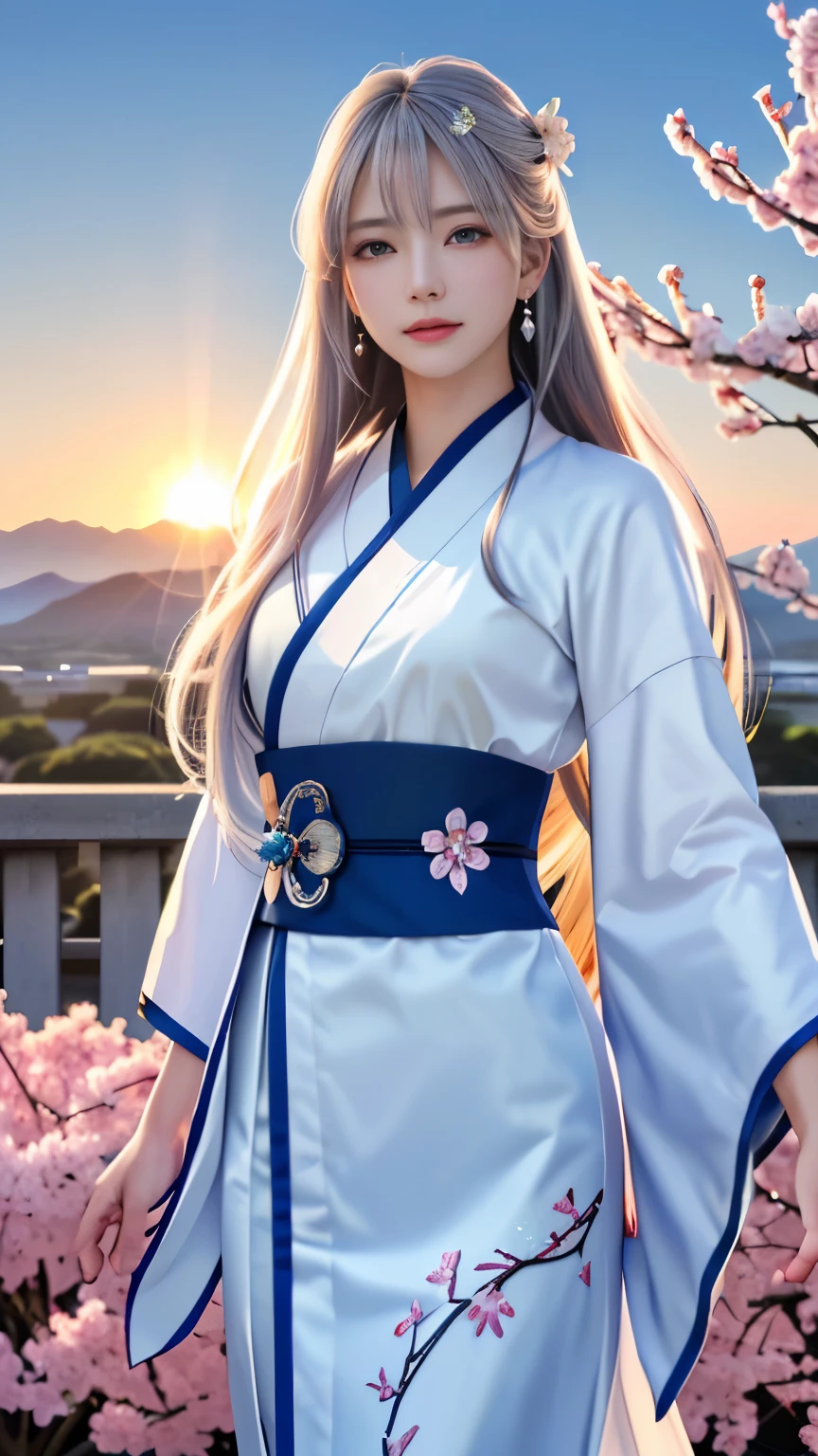(logo, masterpiece, 8k, table top, RAW photo, wonderful, 最high quality, Photorealistic and hvery detailed CG integrated 8k wallpaper, high quality, very detailed, Narrative poem, particle effects, dynamic effects, Depth of written boundary, cinematic light, Lens flare, ray tracing, anatomically accurate)), fantasy, 1 beautiful woman, silver hair, clear eyes, long hair, beautiful face, real face, 緻密でbeautiful eyes, beautiful skin, long hairがWindでなびく, long hairが跳ねる, long hairがWindで踊る, hair jump, jewelry, beautiful eyes, white kimono, white obi, White cherry blossom embroidery pattern, silver earrings, Wind, blue sky, beautiful background, 古代のWind, Xianxia, pink cherry tree, petals dance, SakuraFubuki, Spectacular view, sunrise, sun on background, Wind, god々, god話, vast land