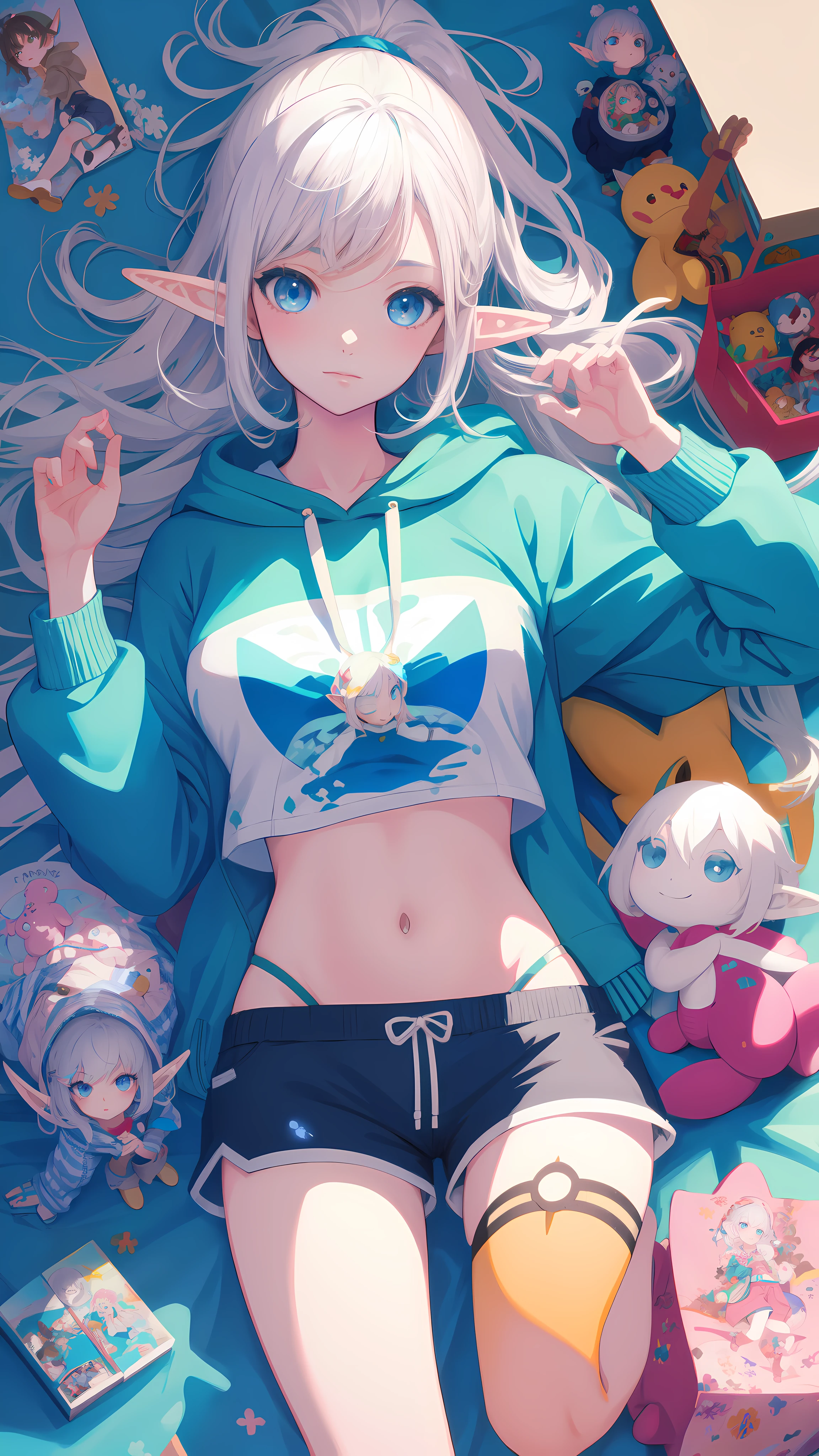 (Elf girl),(masterpiece,Highest Quality),Crop Top Look,Pastel Hoodie,(Gingham Check Shorts),A white-haired,blue-eyes, medium-breast, World of toys, by Artgerm, by Mikimoto Haruhiko, Yoshitaka Amano, Hayao Miyazaki.