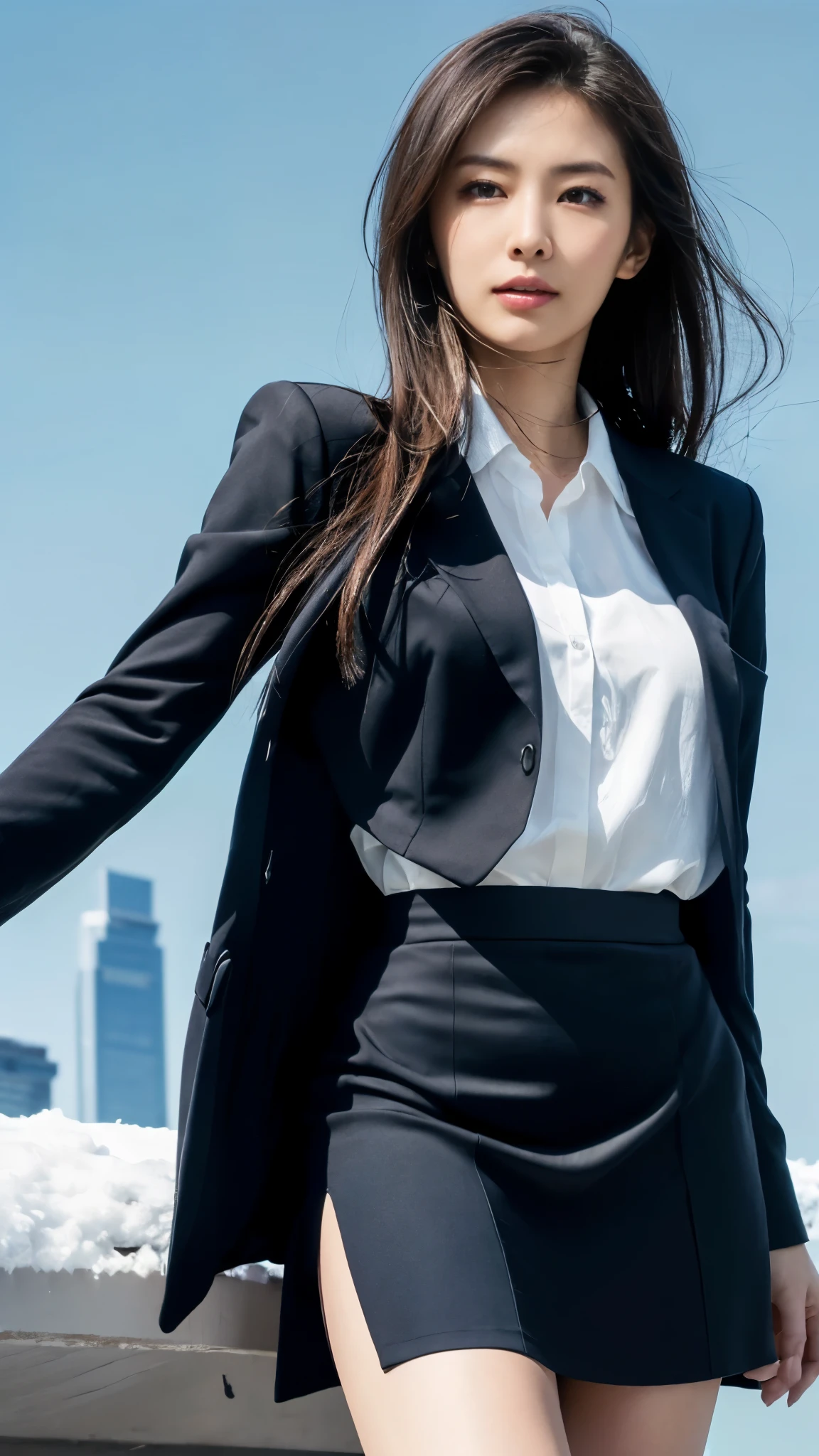 ((table top:1.4, highest quality)), (realistic pictures:1.4),
((1 girl)), glossy black hair, hair blowing in the wind,
(超A high resolution:1.2), very delicate and beautiful, wonderful,
Highly detailed CG Unity 8k wallpaper, super detailed, High resolution, soft light,
beautiful detailed girl, highly detailed eyes and face, beautifully detailed nose, detailed and beautiful eyes,
(Dark blue business suit, skirt:1.4),
cinematic lighting, perfect anatomy, slender body, slender long legs, taut,
(Glass skyscraper:1.3), (sunny winter blue sky:1.4), (Beautiful form with an inorganic atmosphere),
cool look, cowboy shot