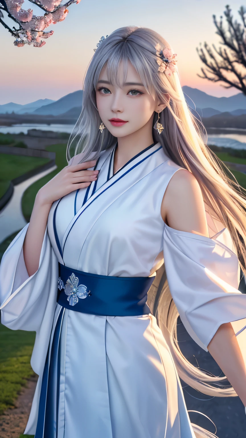 (logo, masterpiece, 8k, table top, RAW photo, wonderful, 最high quality, Photorealistic and hvery detailed CG integrated 8k wallpaper, high quality, very detailed, Narrative poem, particle effects, dynamic effects, Depth of written boundary, cinematic light, Lens flare, ray tracing, anatomically accurate)), fantasy, 1 beautiful woman, silver hair, clear eyes, long hair, beautiful face, real face, 緻密でbeautiful eyes, beautiful skin, long hairがWindでなびく, long hairが跳ねる, long hairがWindで踊る, hair jump, jewelry, beautiful eyes, white kimono, white obi, White cherry blossom embroidery pattern, silver earrings, Wind, blue sky, beautiful background, 古代のWind, Xianxia, pink cherry tree, petals dance, SakuraFubuki, Spectacular view, sunrise, sun on background, Wind, god々, god話, vast land