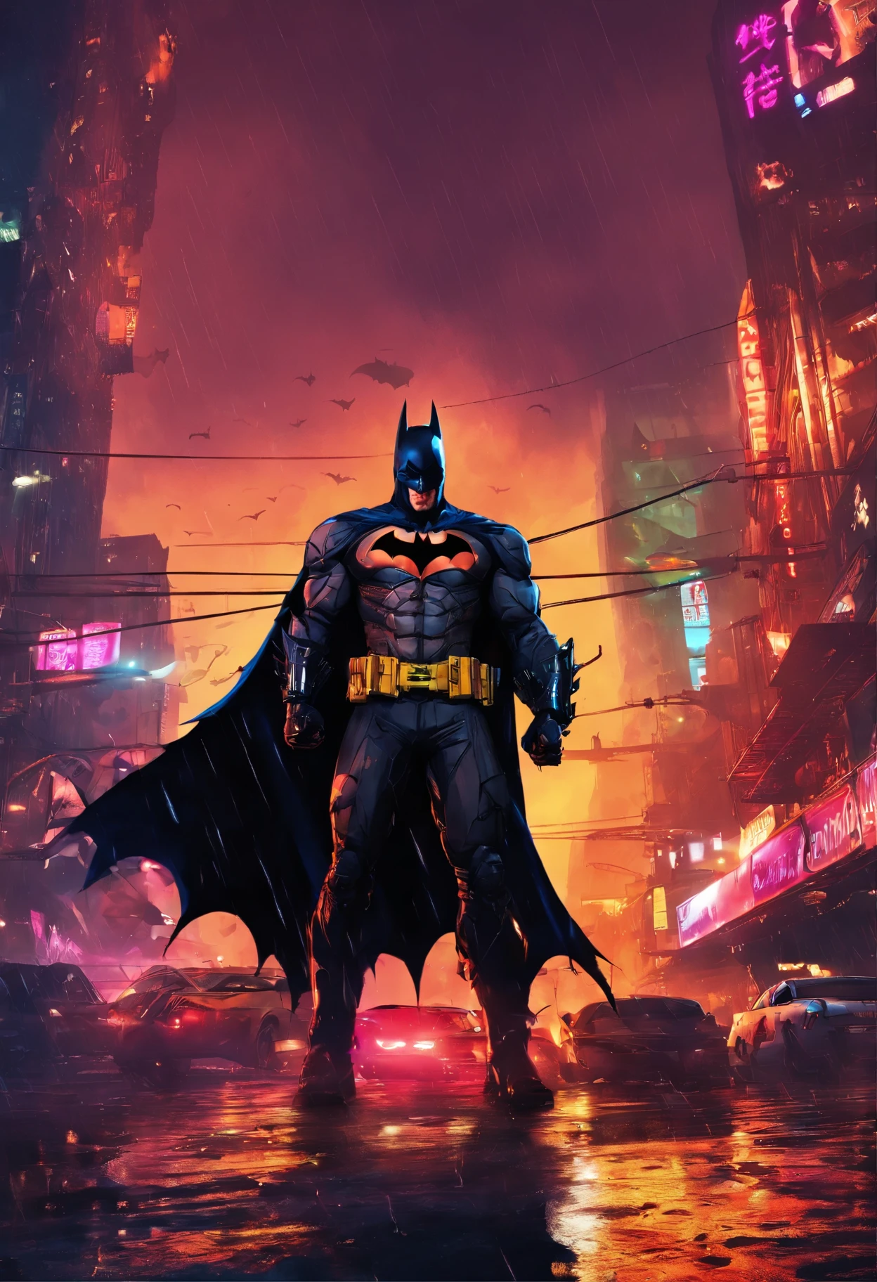 Batman Arkham Knight ajoelhado na pista enquanto chora na chuva intensa de Gotham